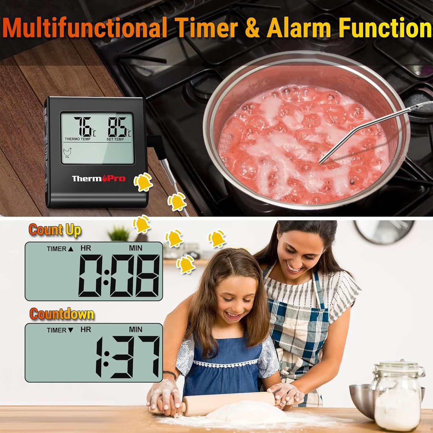 ThermoPro TP16 Large LCD Digital Meat Thermometer for Cooking, Smoking, Grilling, BBQ Food Thermometer with Clock Timer and Stainless Steel Probe, Black