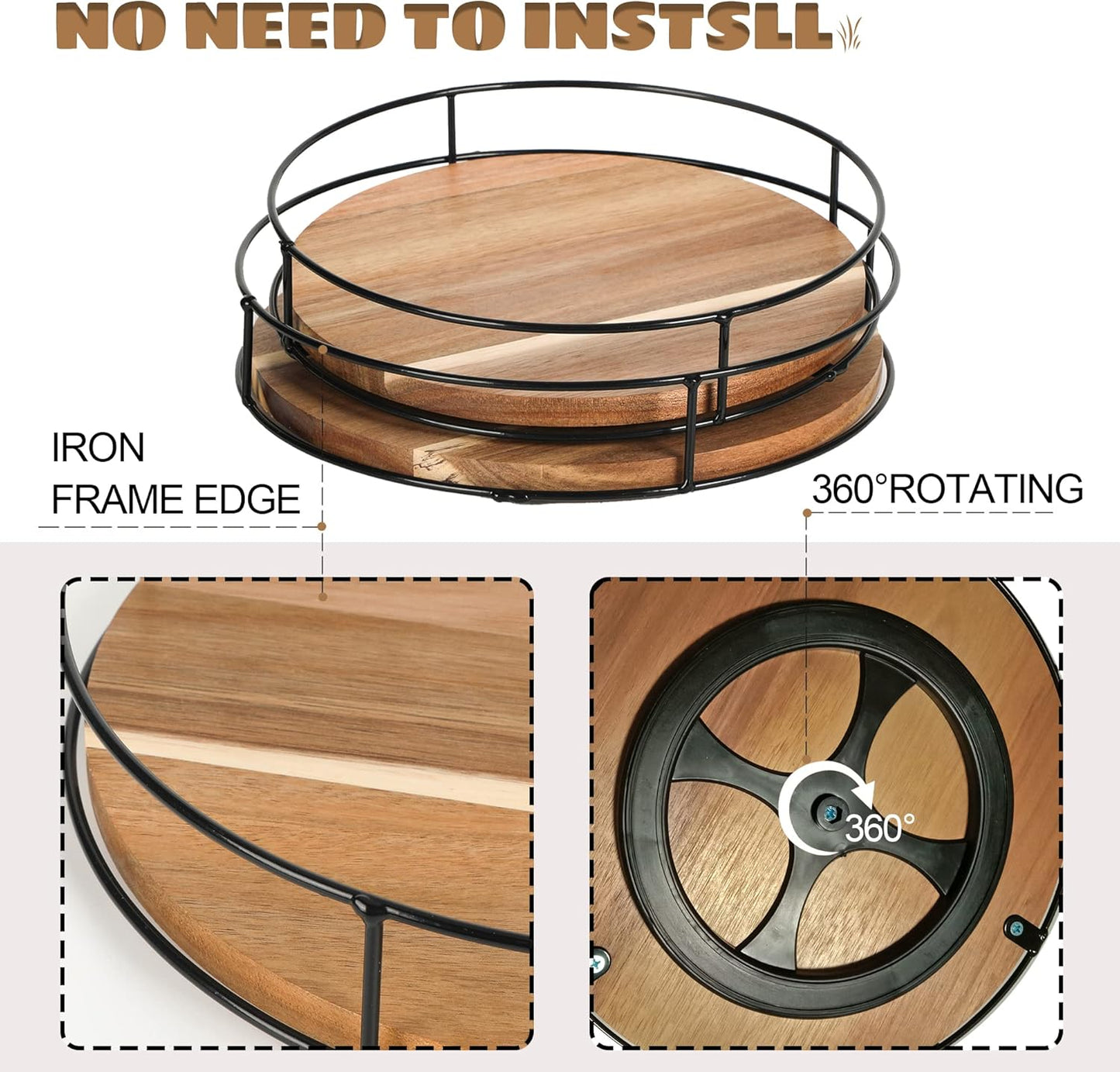 [ 2 Pack ] 11" & 12" Acacia Wood Lazy Susan Organizers with Steel Sides, Lazy Susan Turntable for Cabinet, Kitchen Turntable Storage for Table, Countertop, Pantry