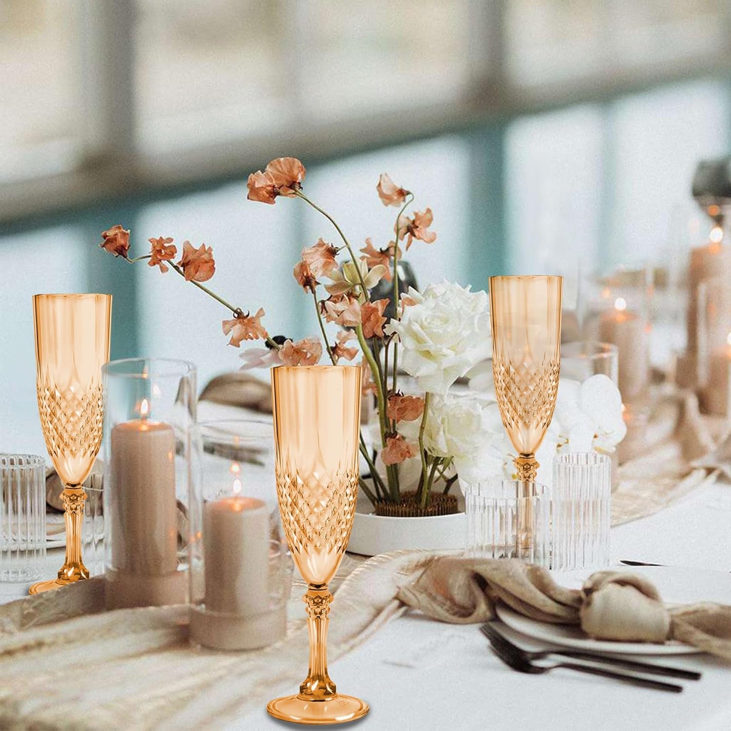 Plastic Champagne Flutes, 12PCS Gold Plastic Wine Glasses Goblets Reusable Champagne Flute for Weddings, Bachelor Parties, Toasting, and Events(12, Gold)