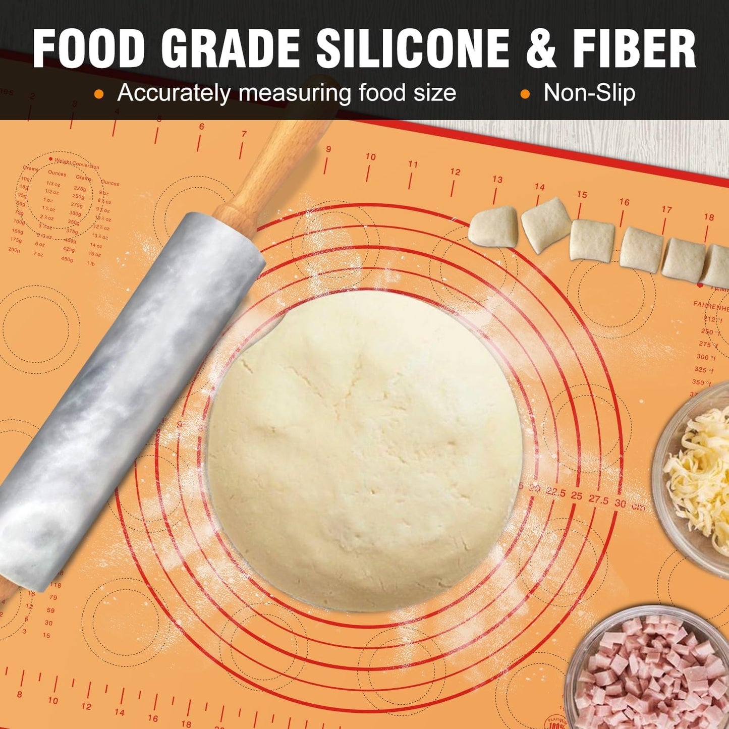 Walfos Marble Rolling Pin Set With Non Stick Silicone Pastry Mat, 16.5 Inch Dough Rolling Pins For Making Pizza, Tortillas And Cookies, Backing Rolling Pin For Pie Crust, Pizza, Pasta (Gray & White)