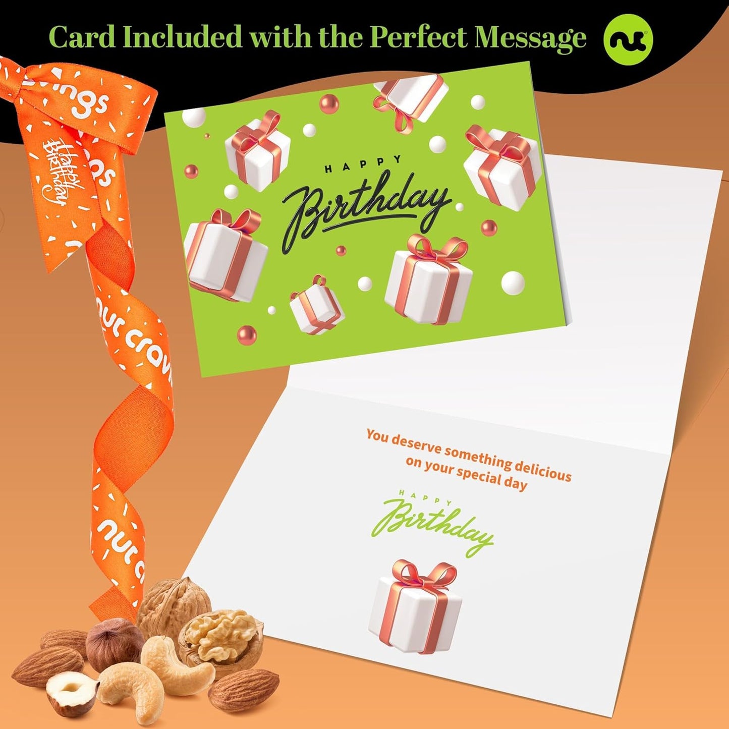 NUT CRAVINGS Gourmet Collection - Happy Birthday Treats, Nuts Gift Basket with Bday Ribbon in Reusable Wooden Tray (12 Assortments) Food Arrangement, Healthy Snack Care Package, Food Assortments