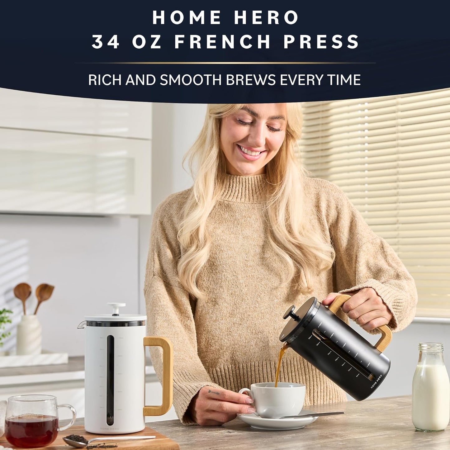 Home Hero French Press Coffee Maker - 34 oz Coffee Press with Bamboo Wood Handle, Heat Resistant Thick Borosilicate Glass French Presses, 4 Layer Filter, French Press Stainless Steel (Black)