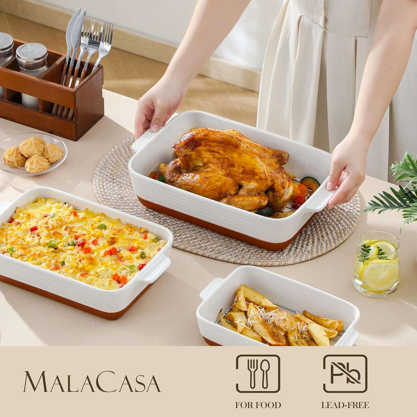 MALACASA Casserole Dishes for Oven with Roasting Racks, Ceramic Baking Dishes Set of 3, Baking Pan Casserole Dish Set, Rectangular Lasagna Pan Deep with Handles for Baking, Khaki White (14.5''/13''/10.5''), Series TARA