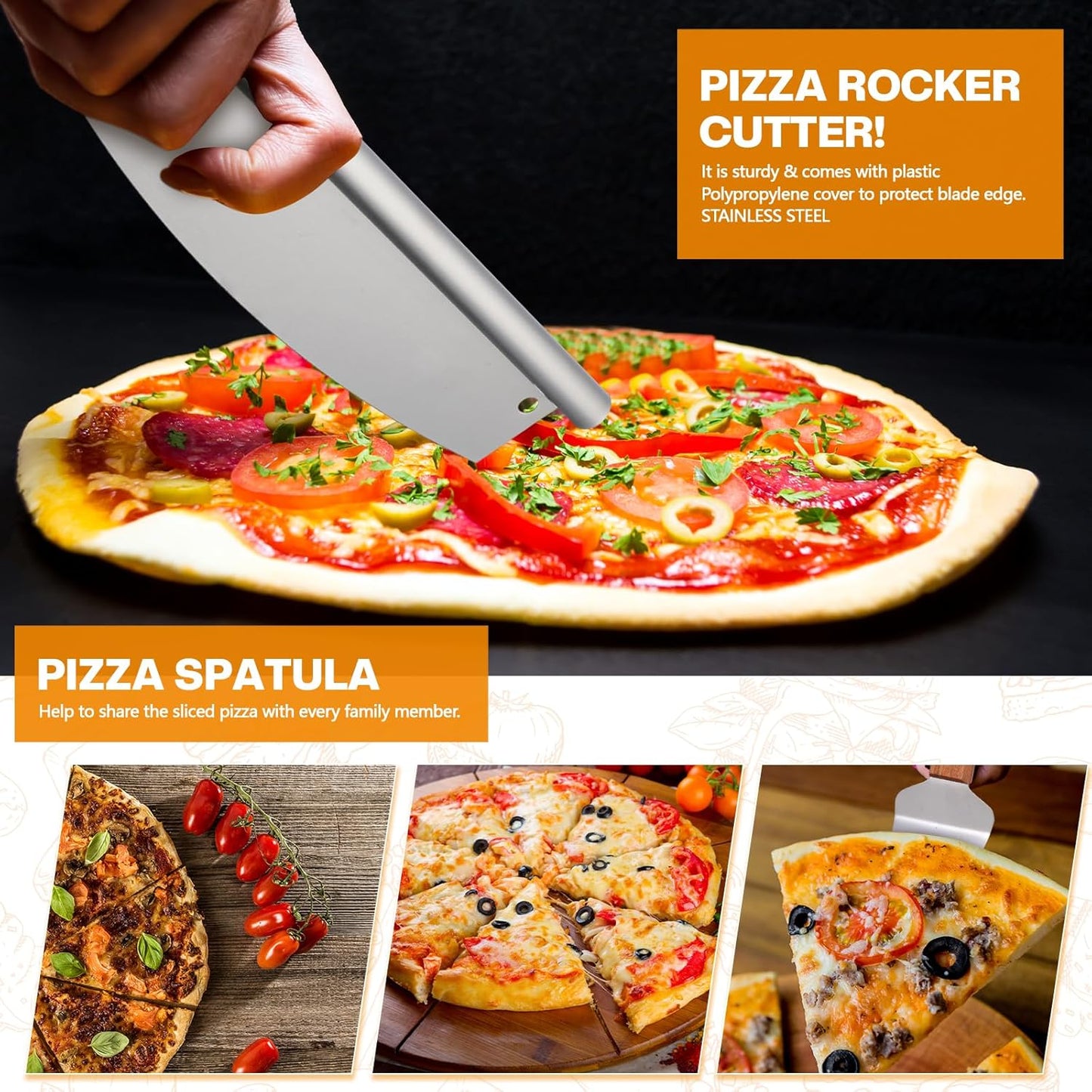 Perforated Pizza Peel 12 x 14 Inch Paddle Spatula with Foldable Handle Pizza Cutter Rocker 14'' Blade and Metal Spatula for Family Oven Accessories and Chopper Knife Tools