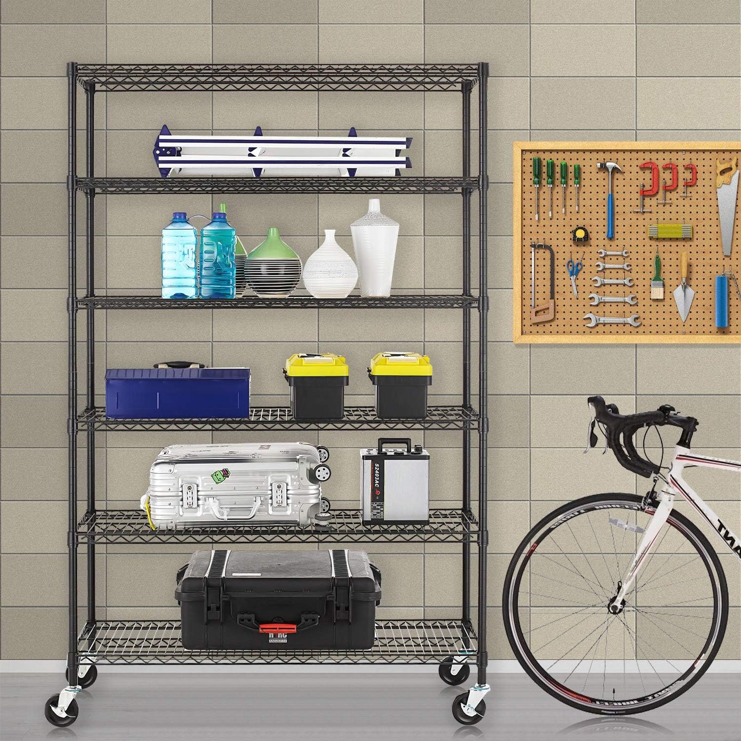 FDW 48" L×18" W×76" H Wire Shelving Unit Metal Shelf with 6 Tier Casters Adjustable Layer Rack Strong Steel for Restaurant Garage Pantry Kitchen Garage,Black