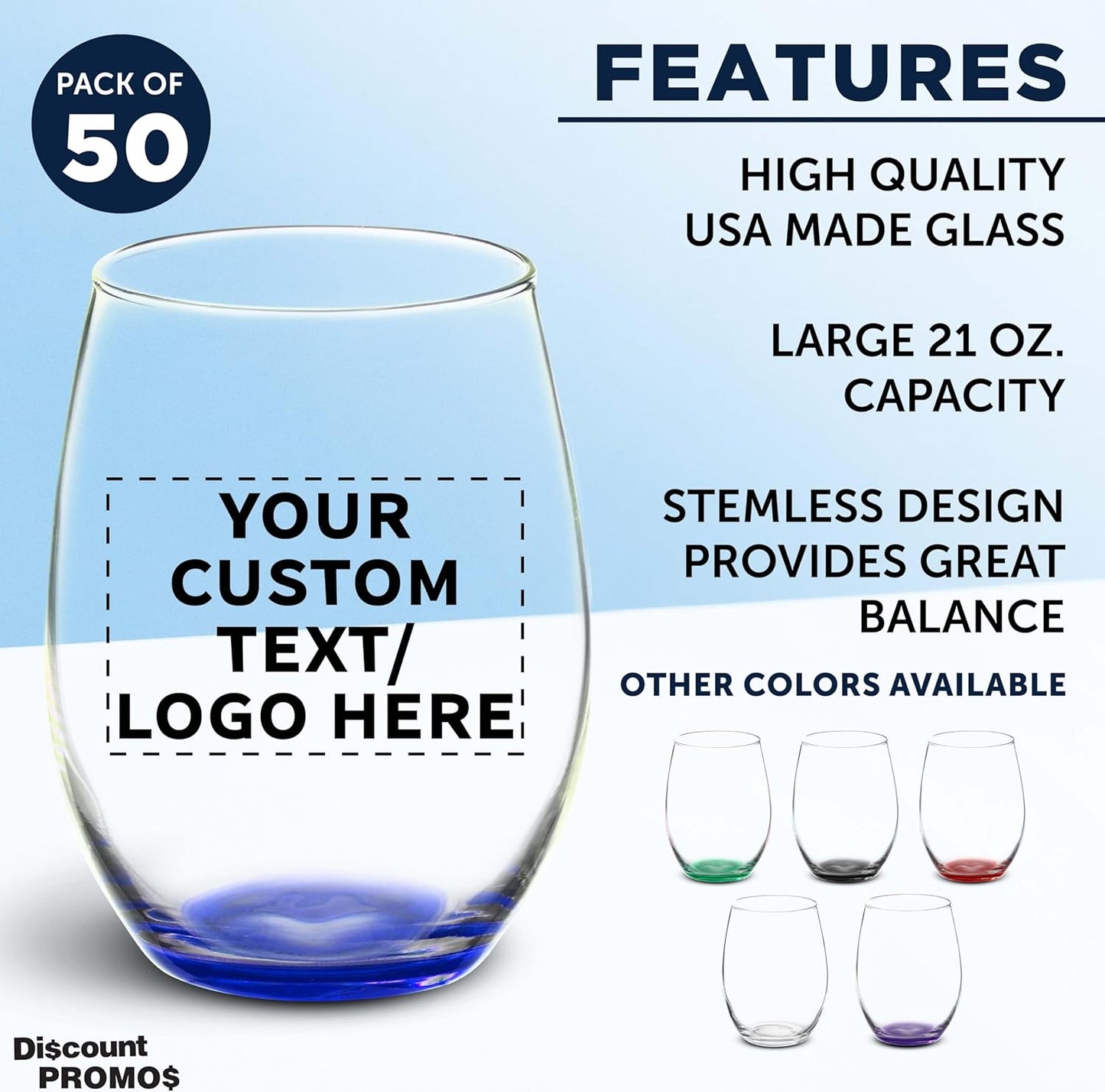 DISCOUNT PROMOS 50 ARC Stemless Wine Glasses Set, 21 oz. - Customizable Text, Logo - Chardonnay, Cabernet, Merlot, Sauvignon - Blue