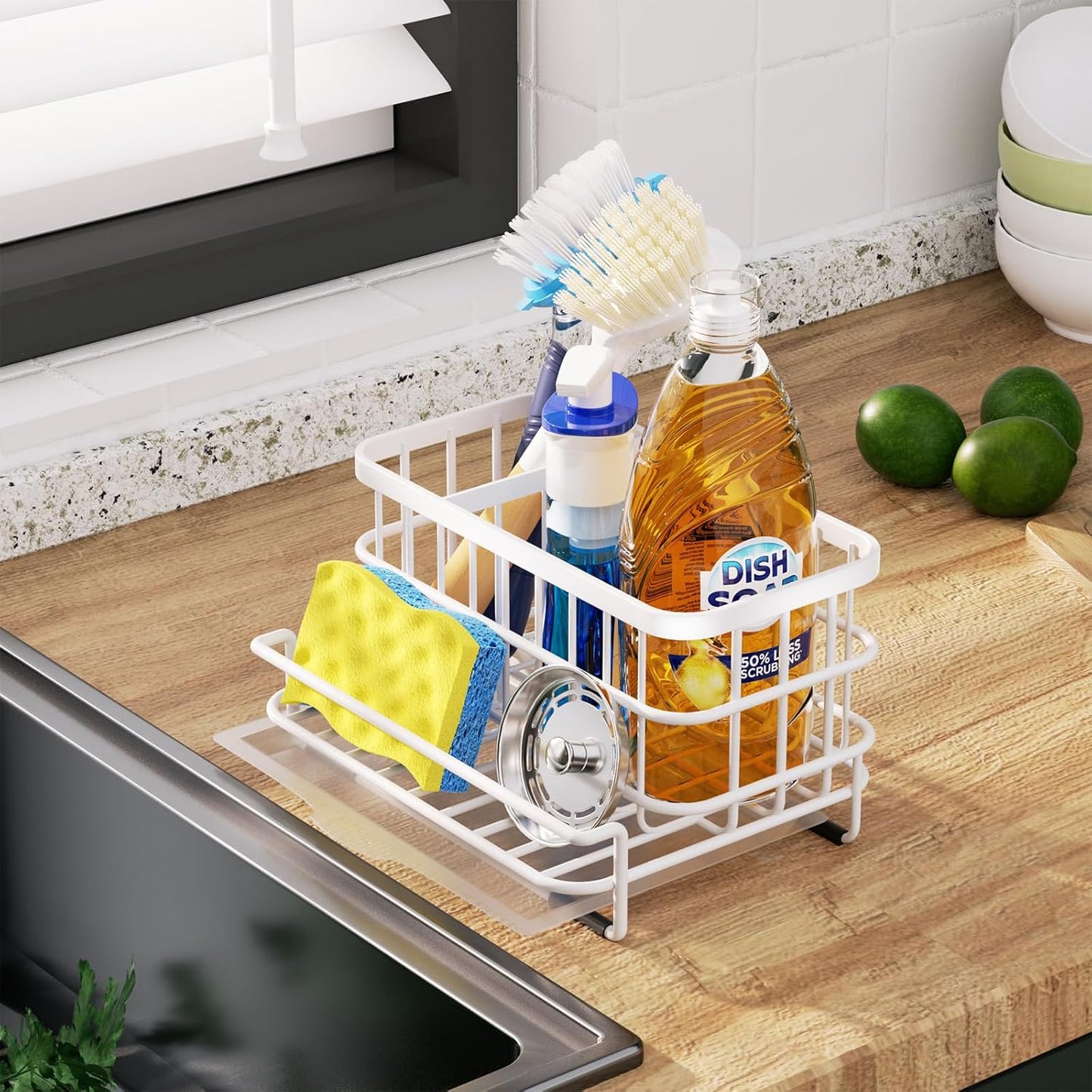 HapiRm Sink Caddy Sponge Holder - Kitchen Sink Organizer with Drain Tray, SUS304 Stainless Steel Rustproof Sponge Caddy Storage for Kitchen Countertop- White