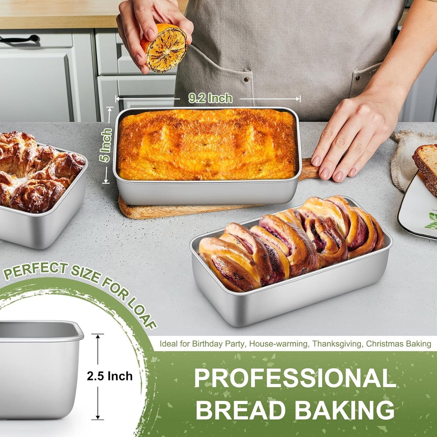 P&P CHEF Loaf Pan Set, 9-inch Bread Pans, Stainless Steel Loaf Toast Baking Pans For Bread Meatloaf Lasagna Cake, Healthy & Non Toxic, Oven & Dishwasher Safe,(Silver, 10Pcs)