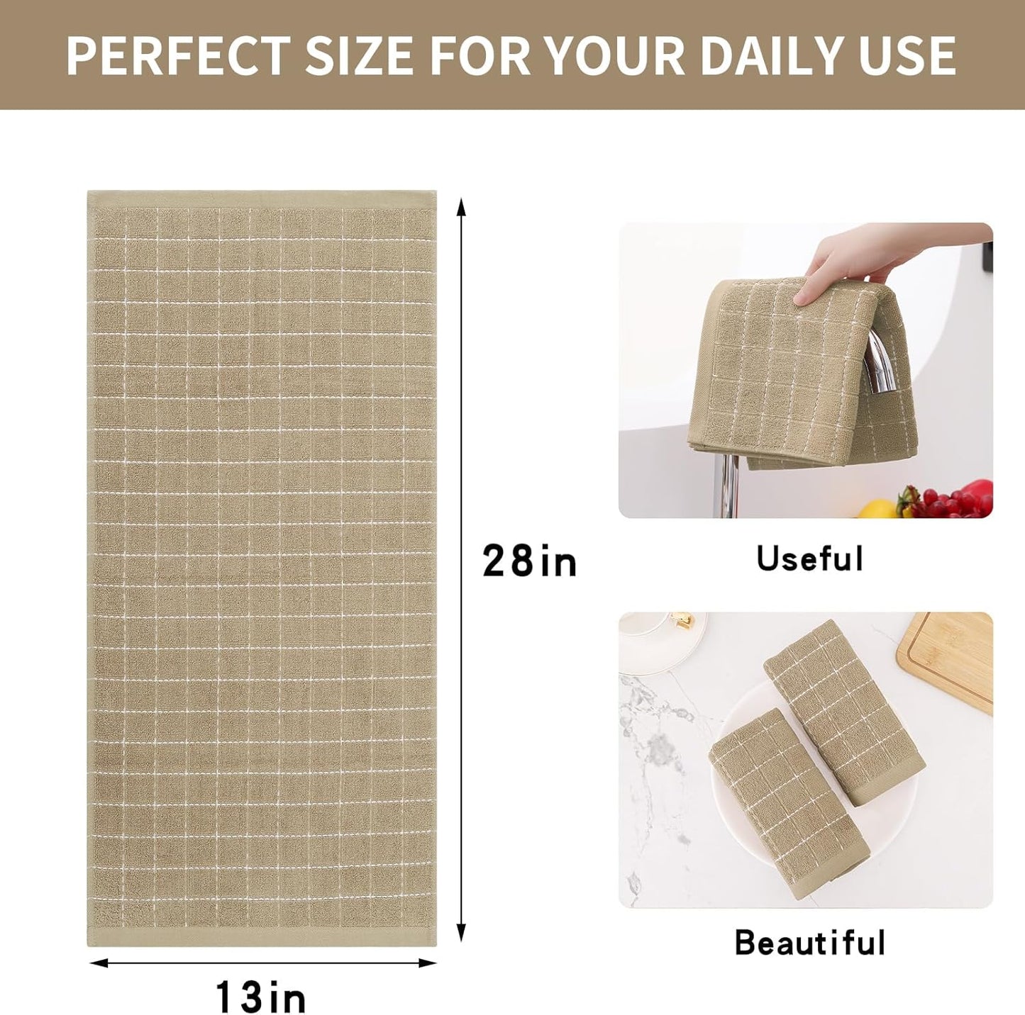 Homaxy 100% Cotton Terry Kitchen Towels(Tan, 13 x 28 inches), Checkered Designed, Soft and Super Absorbent Dish Towels, 6 Pack