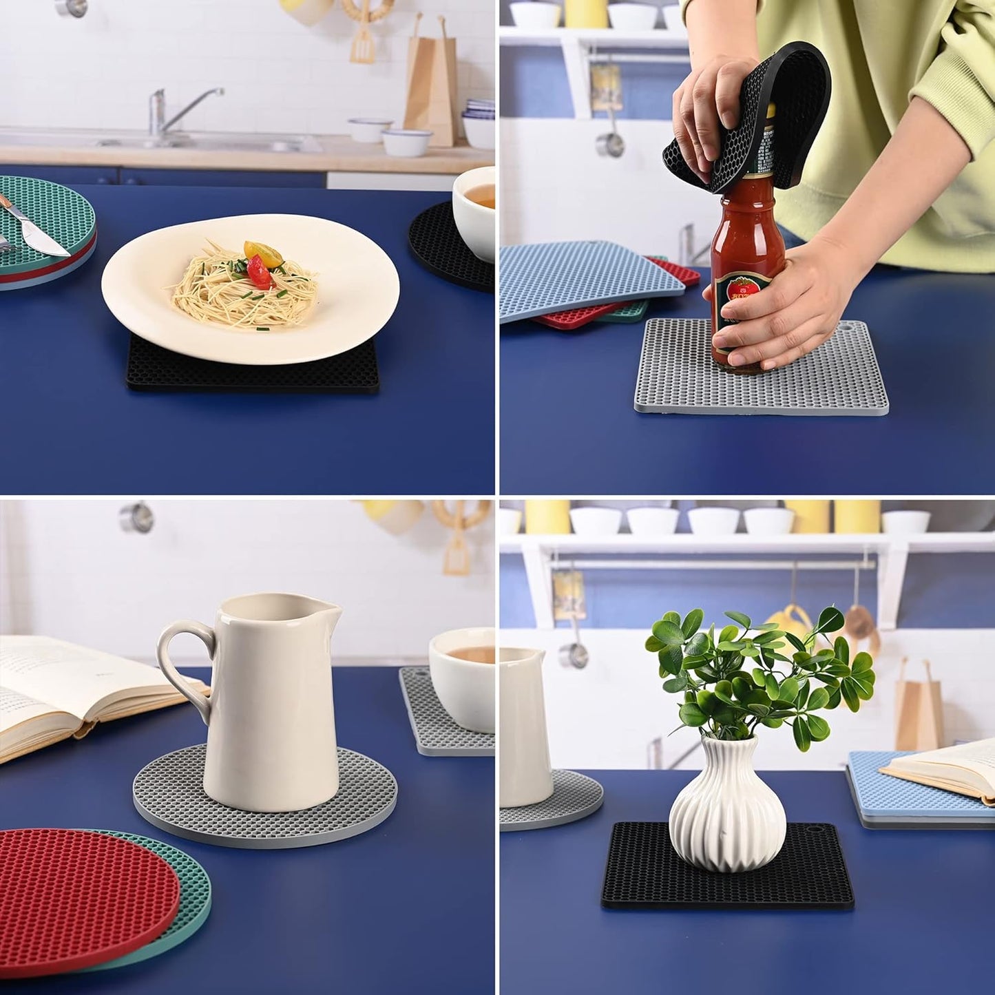 Trivets for Hot Dishes, Silicone Pot Holders for Tabletop, Trivet Mat Hot Pads for Kitchen, Trivets for Hot Pots and Pans, Heat Resistant Mats for Quartz Countertop Hot Pad Mat Set 4 Burgundy