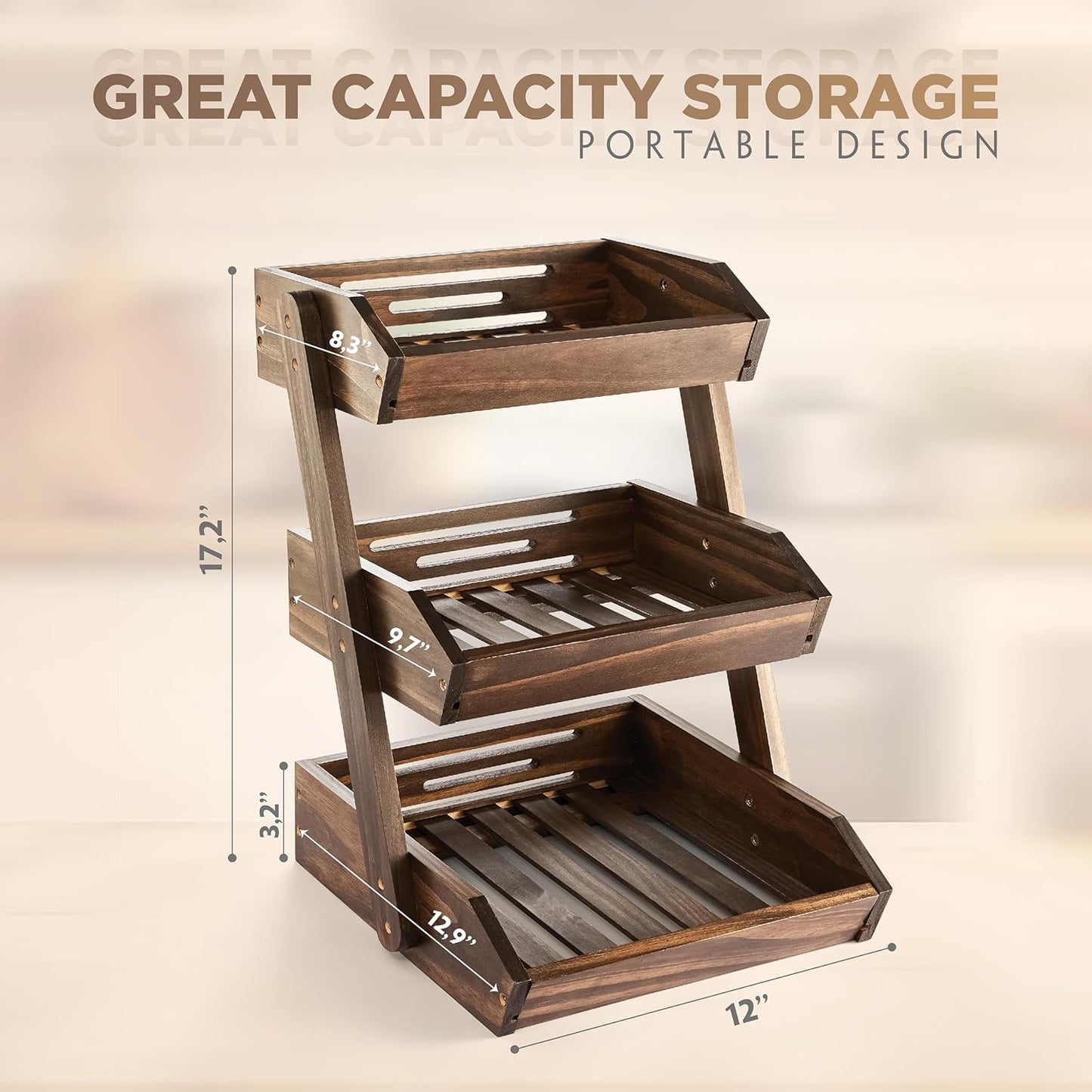 Fruit Basket, Fruit Bowl, 2 Tier Fruit Basket for Kitchen, Fruit Stand Storage Holder, Heavy Duty/Multipurpose/Large Capacity for Fruit, Vegetables, Bread Storage (Walnut, 3 Tier)