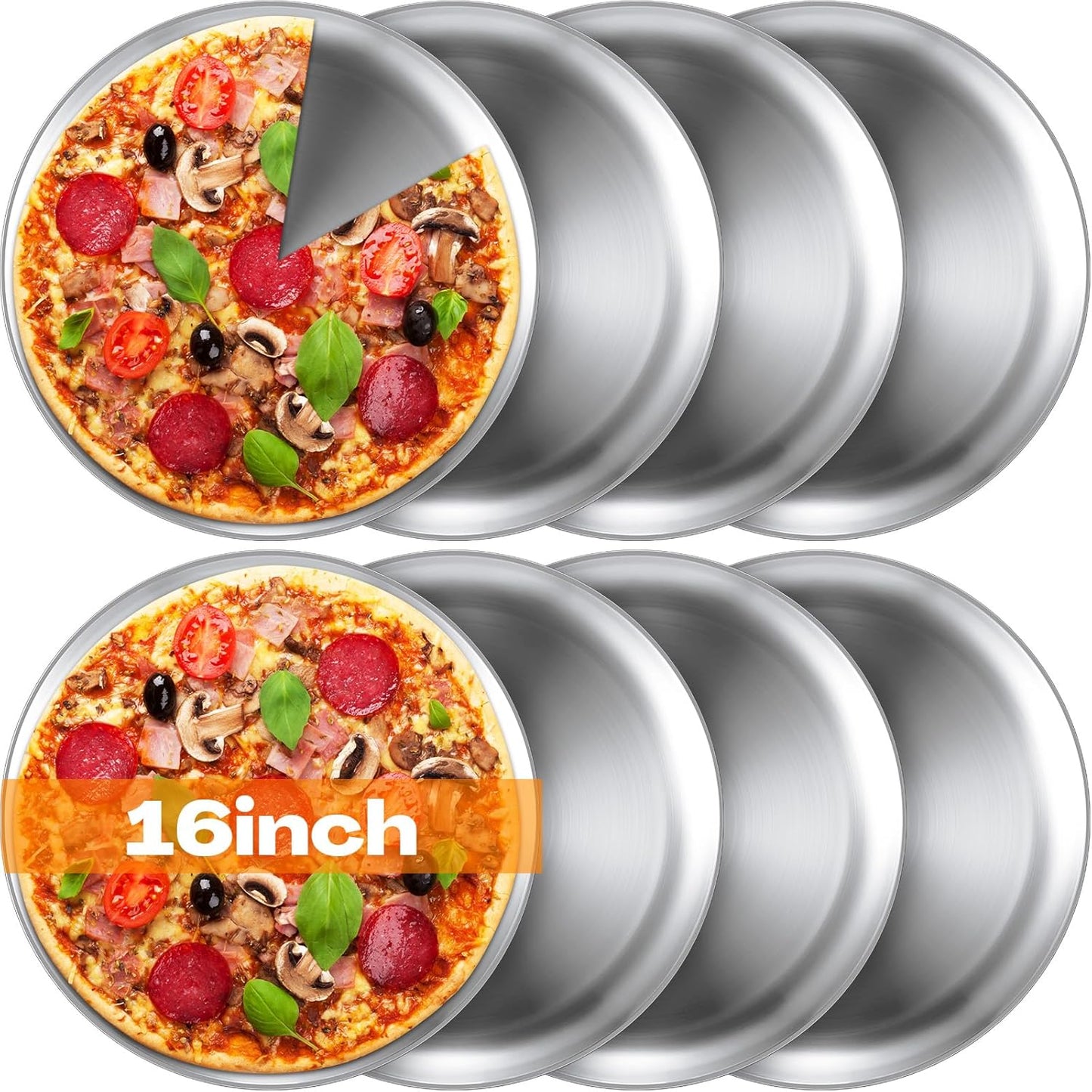 Thenshop 8 Pieces 16 Inch Pizza Pans Bulk Stainless Steel Sets Round Bakeware Pizza Trays for Oven Kitchen Baking Home Restaurant Safe Sturdy Reusable Easy Clean(Matte Silver)