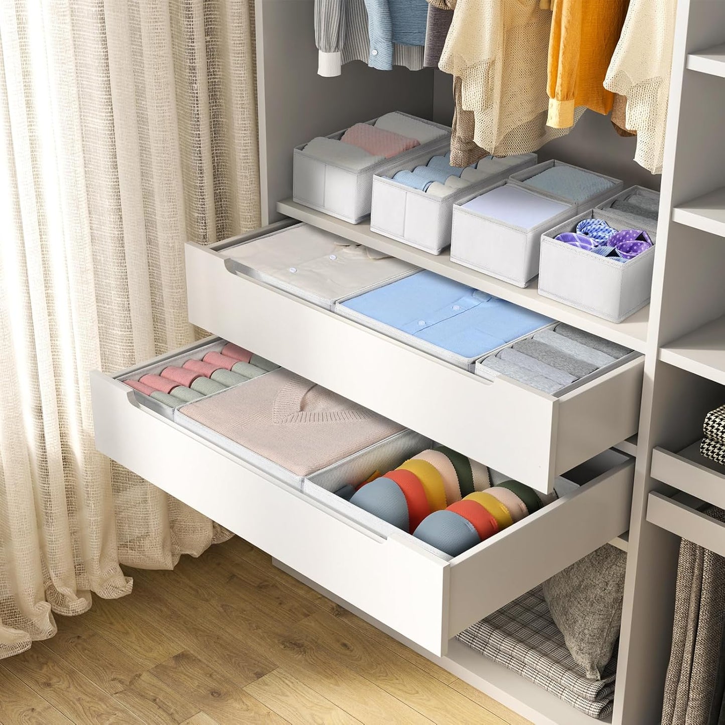 DIMJ Drawer Organizer Clothes, 12 Pack Fabric Closet Organizers and Storage, Foldable Baby Clothes Organizer & Dresser Bin For Nursery, Bedroom, Closet, Socks, Bra, Tie,White