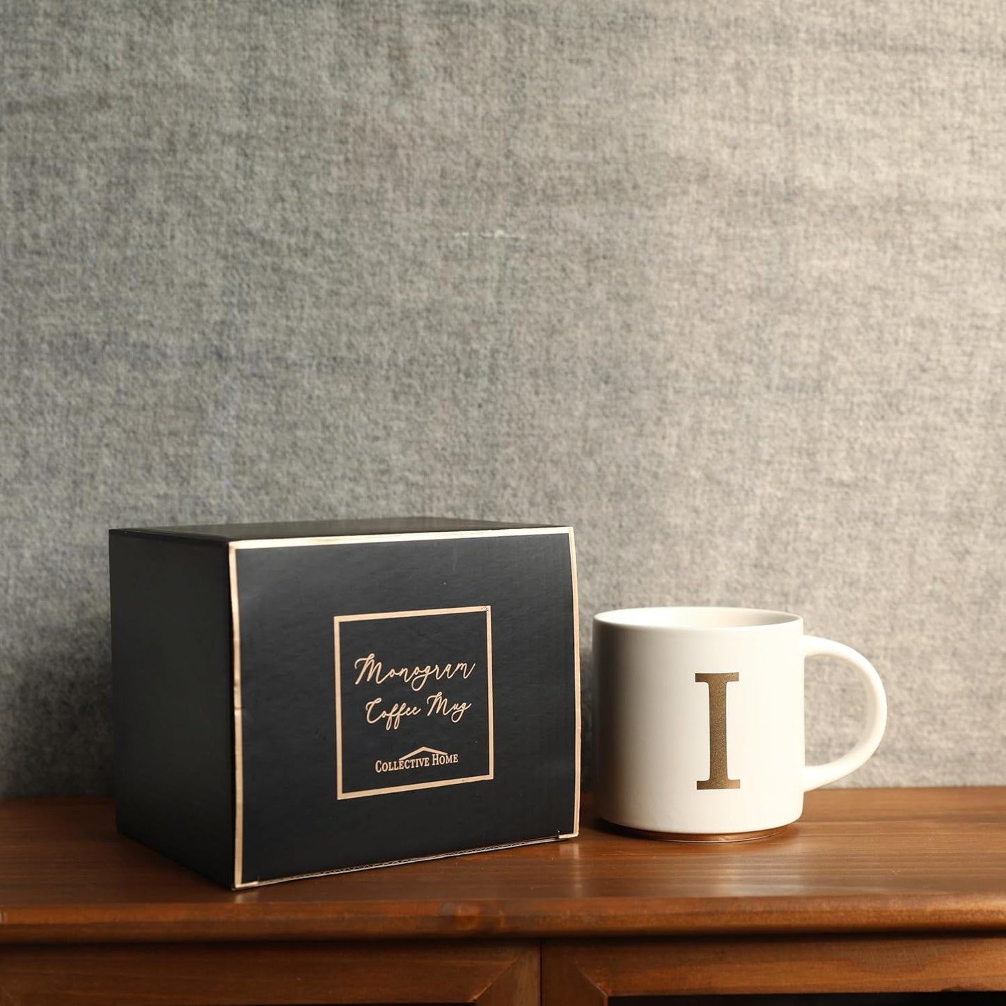 COLLECTIVE HOME - Monogram Ceramic Mugs, 15 oz Golden Initial Coffee Cups, Elegant Alphabet Tea Mugs, Elegant Personalized Mug with Gift Box, Unique Mug with Double Side Capital Letter (I)
