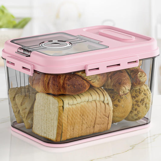 Bread Box, Airtight Braed Storage Container, Bread Box For Kitchen Countertop, Time Recording Bread Storage with Lid, Flip-Top Bread Keeper, Pink
