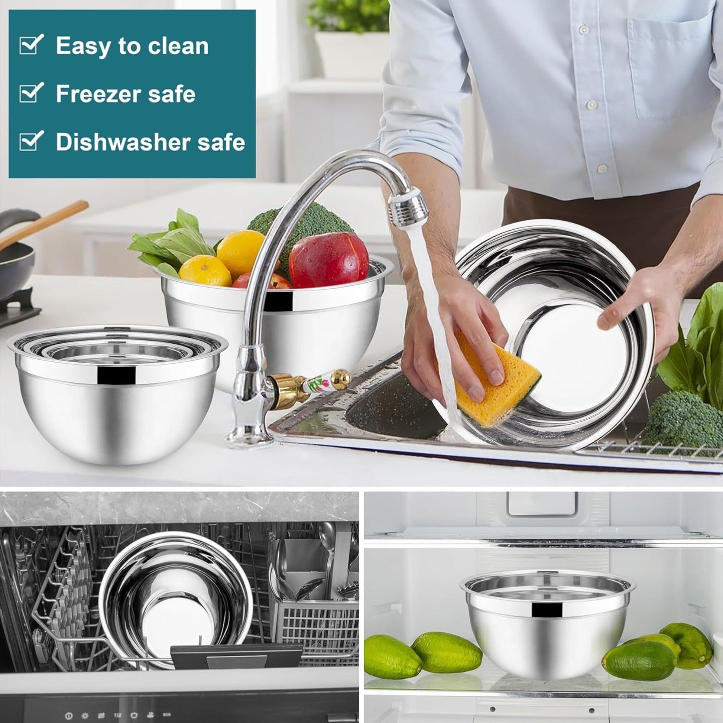 E-far Mixing Bowls with Lids, 12-Piece Stainless Steel Salad Bowls Metal Nesting Bowls for Baking Cooking and Prepping, Airtight Lids & Stackable Design, Size 7, 4.5, 3, 1.5, 1.2, 0.7 QT (Blue)