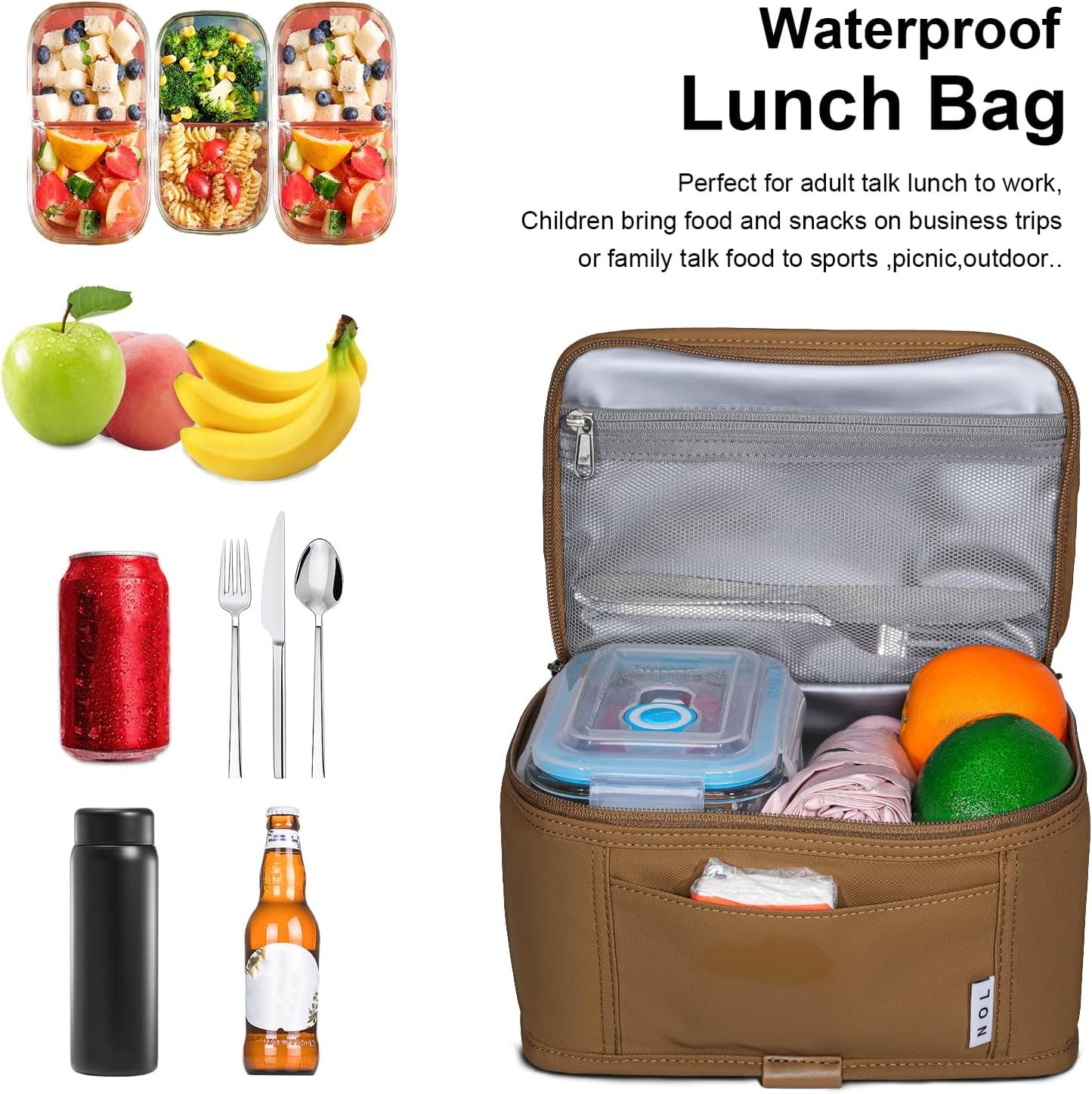 NOL Natural Organic Lifestyle Small Lunch Bag Mini Lunch Box Insulated Lunch Bag for Men/Women Leakproof Cooler Tote Bag Lightweight Nylon Waterproof Lunch Box For Work,Brown