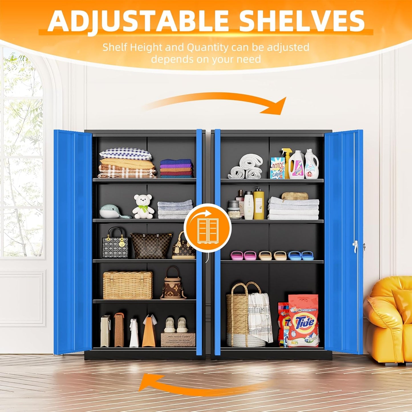 INTERGREAT Metal Storage Cabinets 72” Black Blue Garage Steel Storage Cabinet with Doors and Shelves, Steel File Cabinet for Home Office, Basement, Warehouse, Classroom（Anti Tipping）