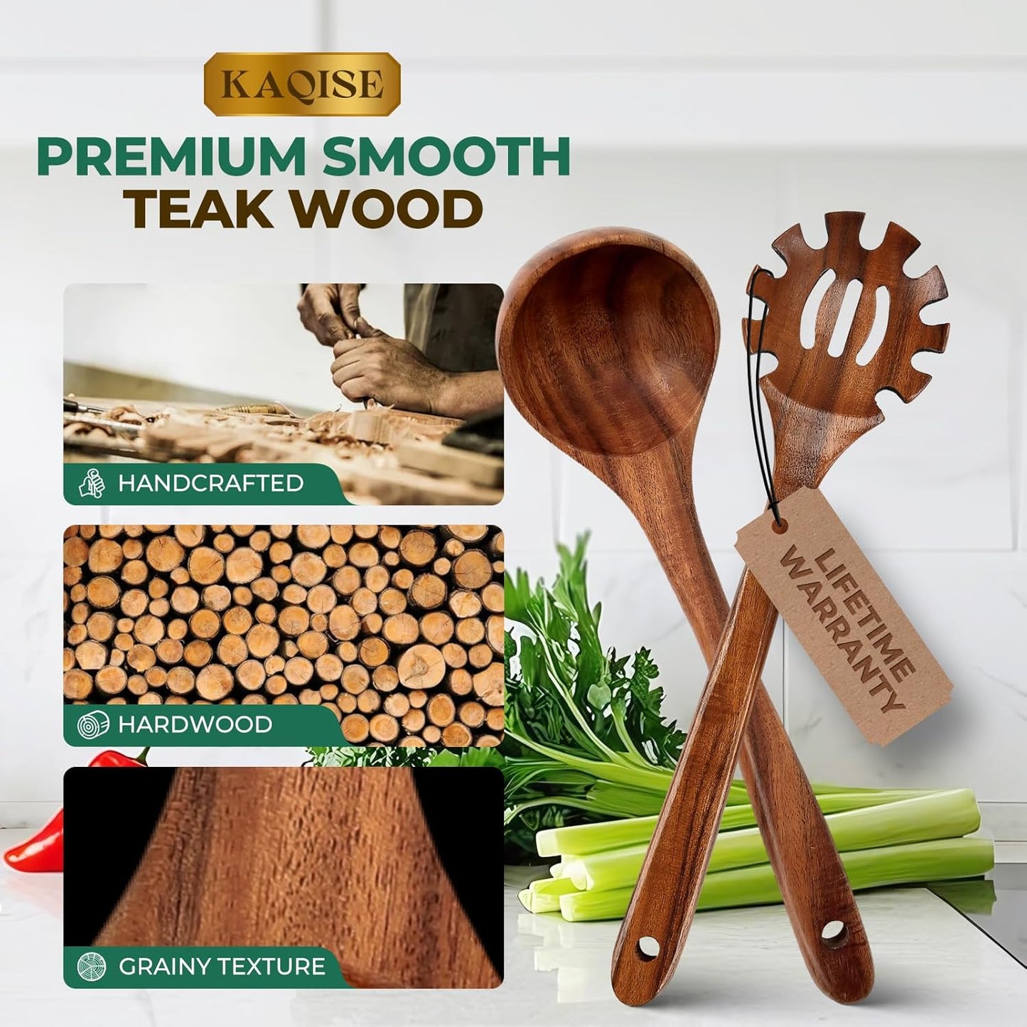 Wooden Spoons for Cooking, 2PCS Natural Teak Wooden Utensils, NonStick Kitchen Utensils Set for Stirring,Serving Spaghetti, Soup, Sauce (Ladle & Pasta Fork)