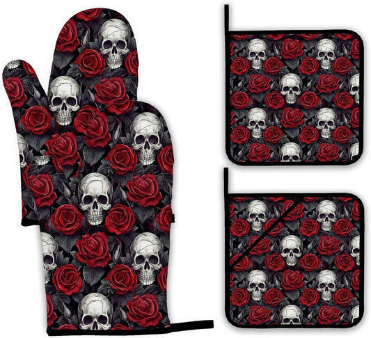 Skulls Oven Mitts and Pot Holders Set,Red Roses Kitchen Oven Gloves and Pot Holder with Heat Resistant Non Slip for Cooking Baking Grilling(4 Piece Set)