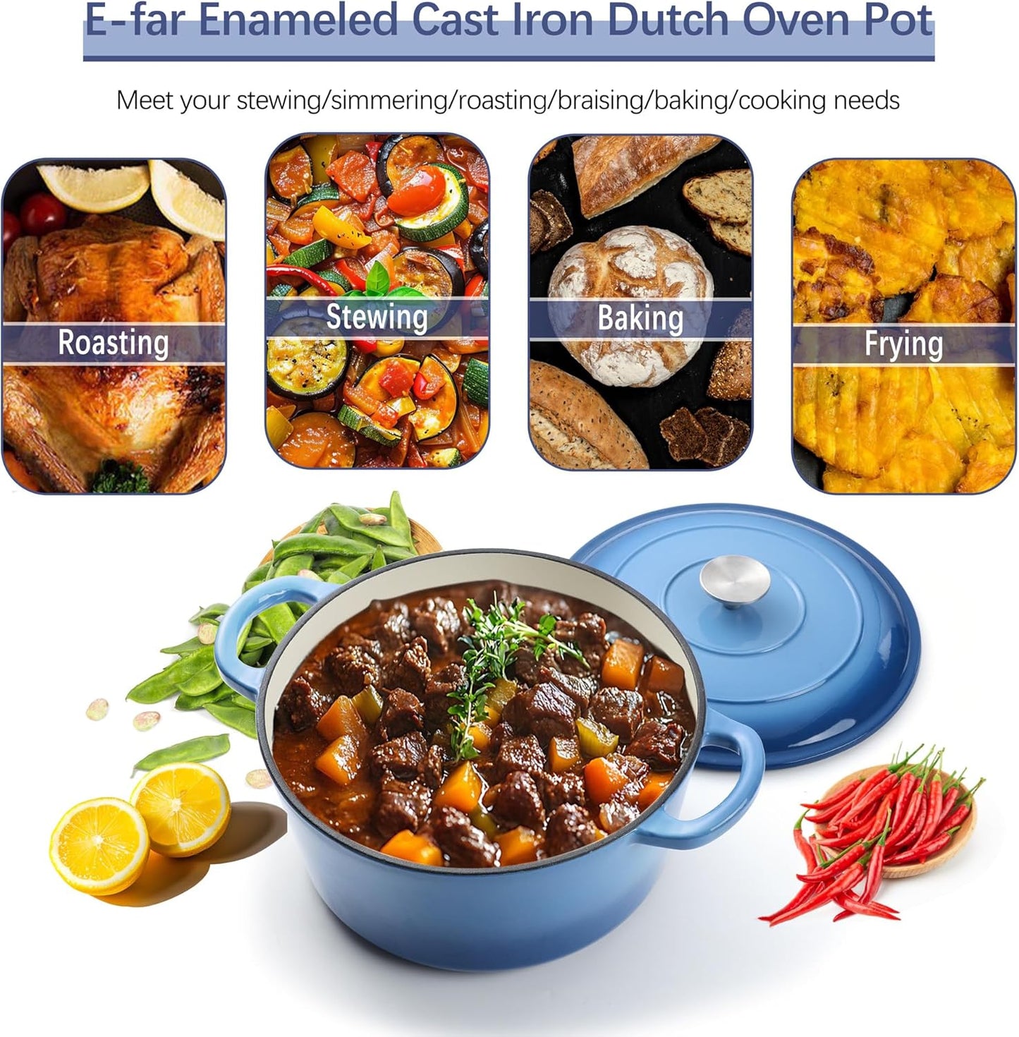 E-far Dutch Oven Pot with Lid, 5 Quart Enameled Cast Iron Round Dutch Oven Stockpot for Bread Baking/Braising/Cooking/Roasting/Stewing, Heavy Duty Nonstick Cookware Safe for Induction & Oven - Blue