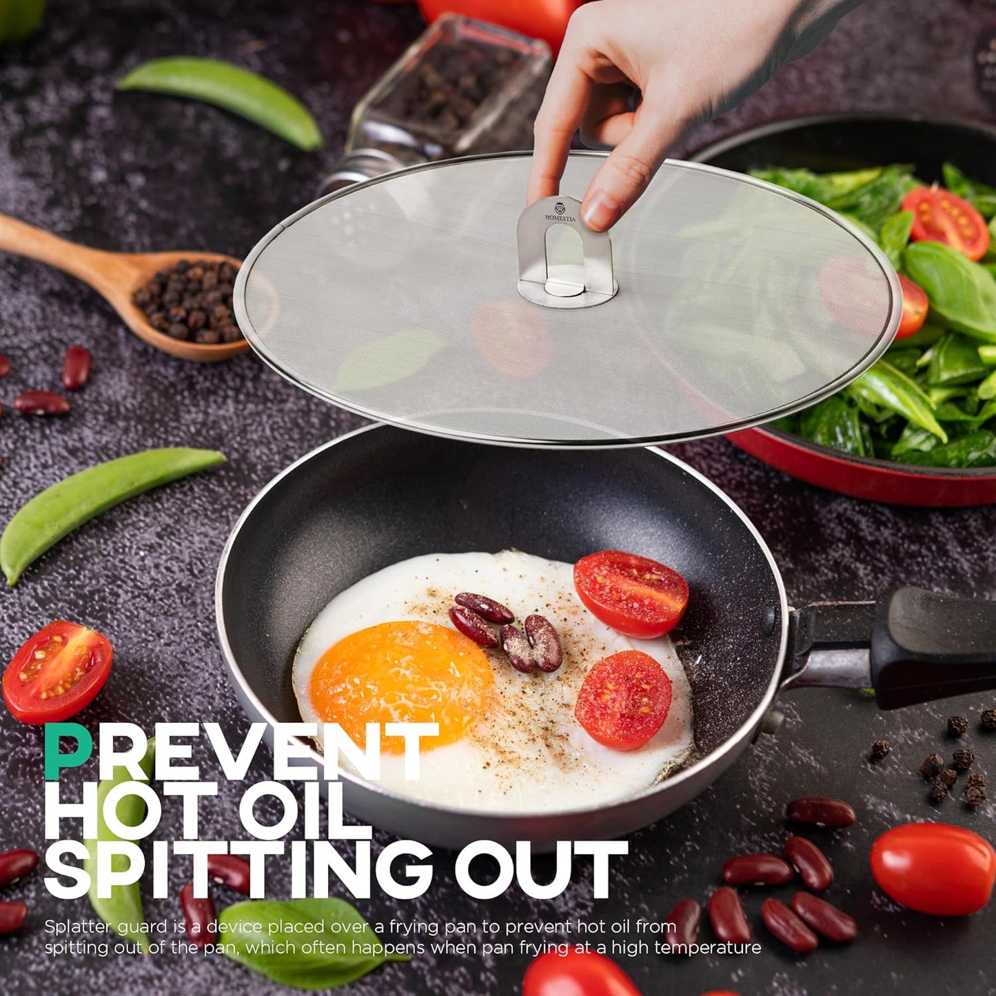 Homestia Splatter Screen for Kitchen, 304 Stainless Steel Fine Mesh Splatter Screen for Frying Pan, 13” Grease Splatter Guard with Fold Flat Knob