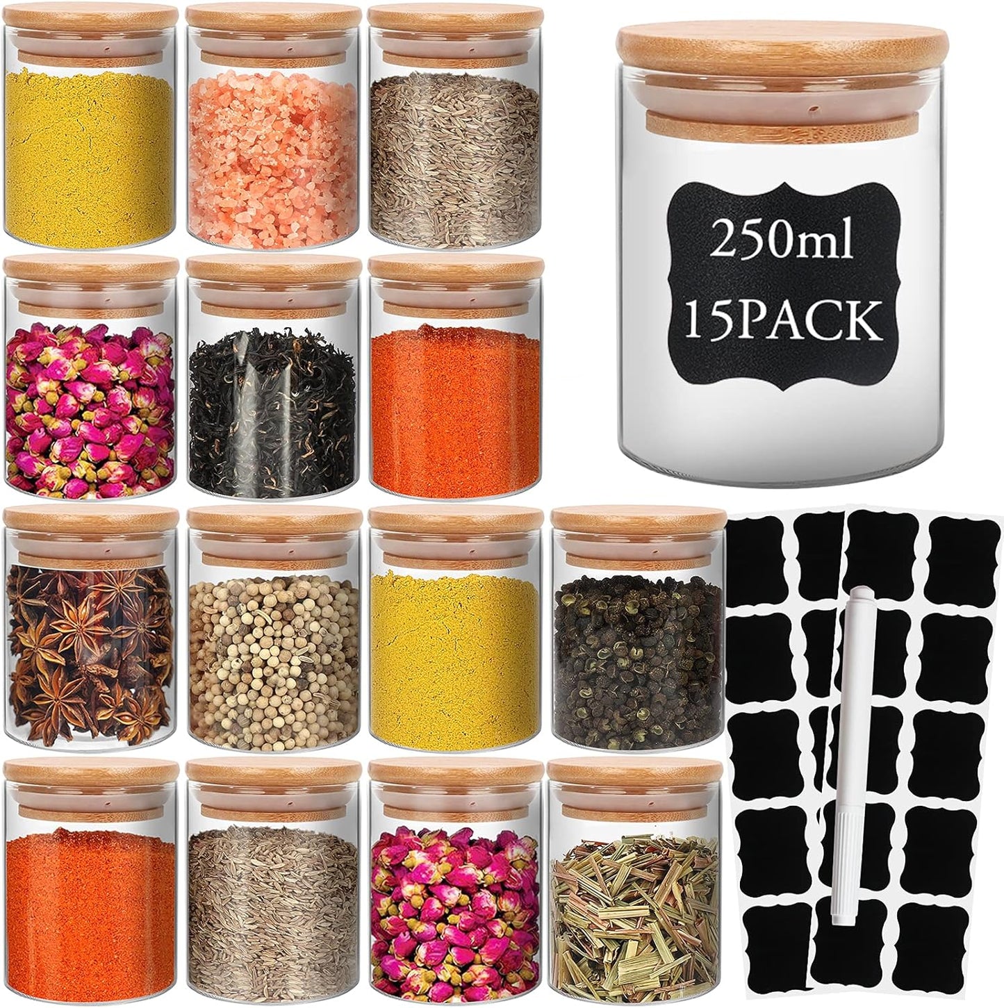 DHSBTLS 6 oz Glass Jars with Bamboo Lids, Borosilicate Glass Airtight Canisters sets, Food Storage Container, Pantry Organization and Storage Jars, Kitchen Spice Jars of 15