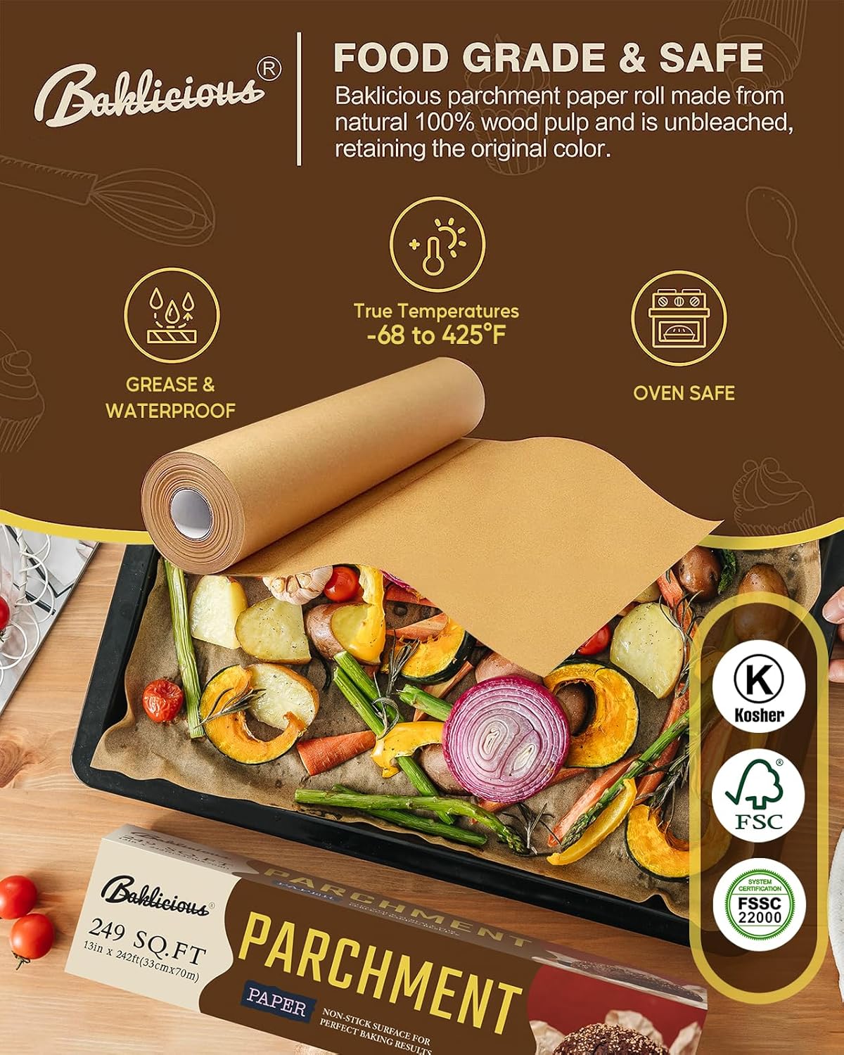 Unbleached Parchment Paper Roll for Baking, 13 in x 242 Ft, 249 Sq.Ft, Baklicious Non-stick Baking Parchment Paper for Baking, Cookies, Bread, Oven, Air Fryer, Steamer, Baking paper