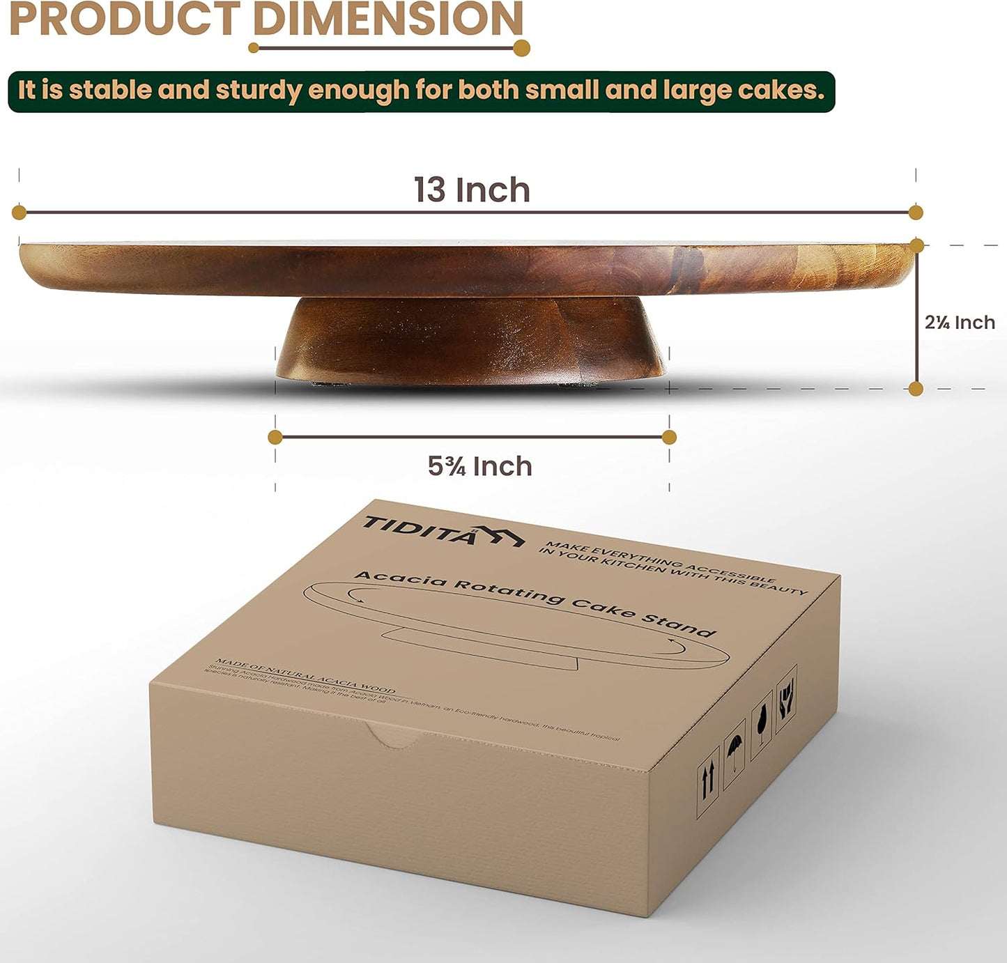 13" Acacia Cake Stand Rotating – Rustic Wood Turntable Pedestal Stands – Wooden Spinning Tables for Food Serving - Round Cake Decorating for Cupcake Dessert Display in Party, Wedding, Birthday