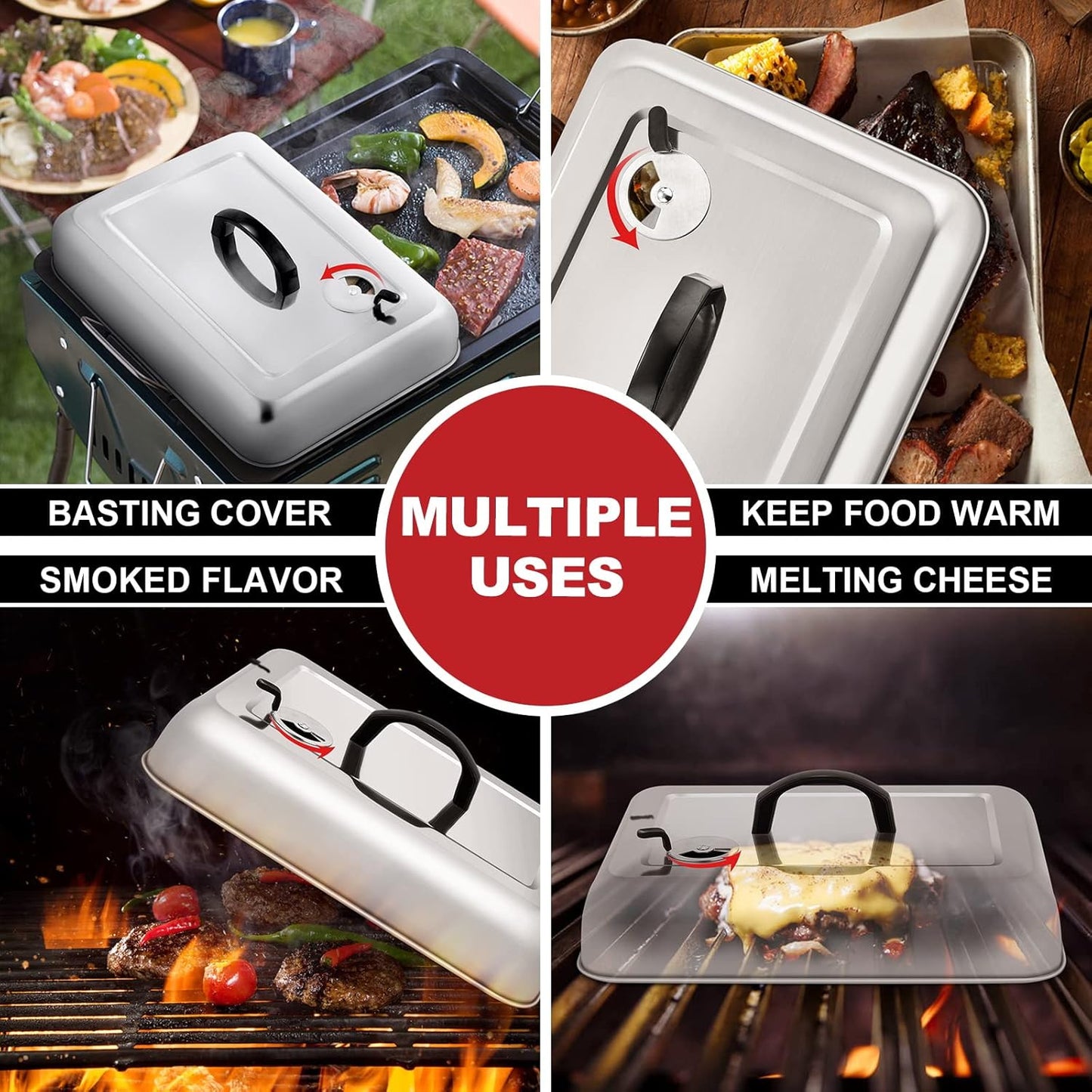 13 x 9.75Inch Cheese Melting Domes, HaSteeL Rectangular Basting Steam Cover with Adjustable Vent, Heavy Duty Stainless Steel Grill Lid for Flat Top Griddle Outdoor & Indoor, Dishwasher Safe(2-Pack)