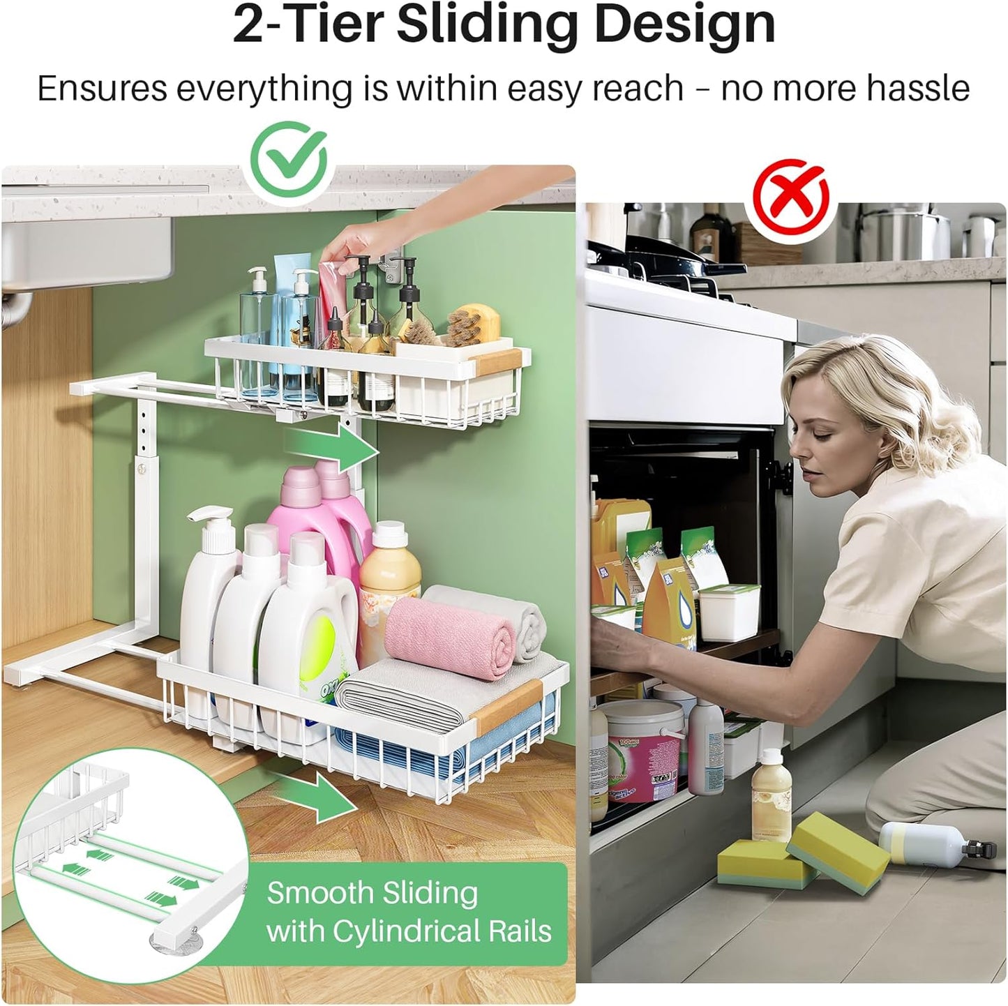 Pull out Cabinet Organizer, 1 Pack Under Sink Organizer, Slide out Metal Kitchen Cabinet Organizers Drawer Shelf, Sliding Storage Shelves for Kitchen Bathroom Pantry Closet Organization Rack(White)