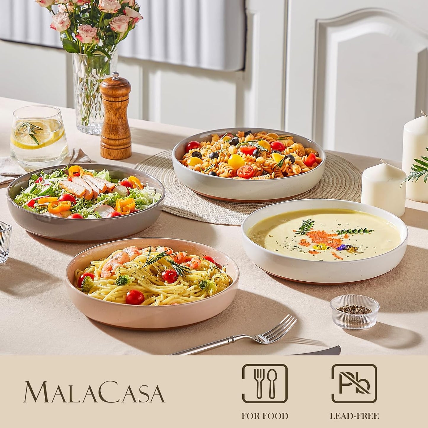 MALACASA Large Pasta Bowls Set of 4, 48 OZ Salad Bowls Serving Bowls for Dinner, Ceramic Soup Bowls Pasta Plates for Serving, Stackable, Microwave & Dishwasher Safe, Multicolor, Series TARA