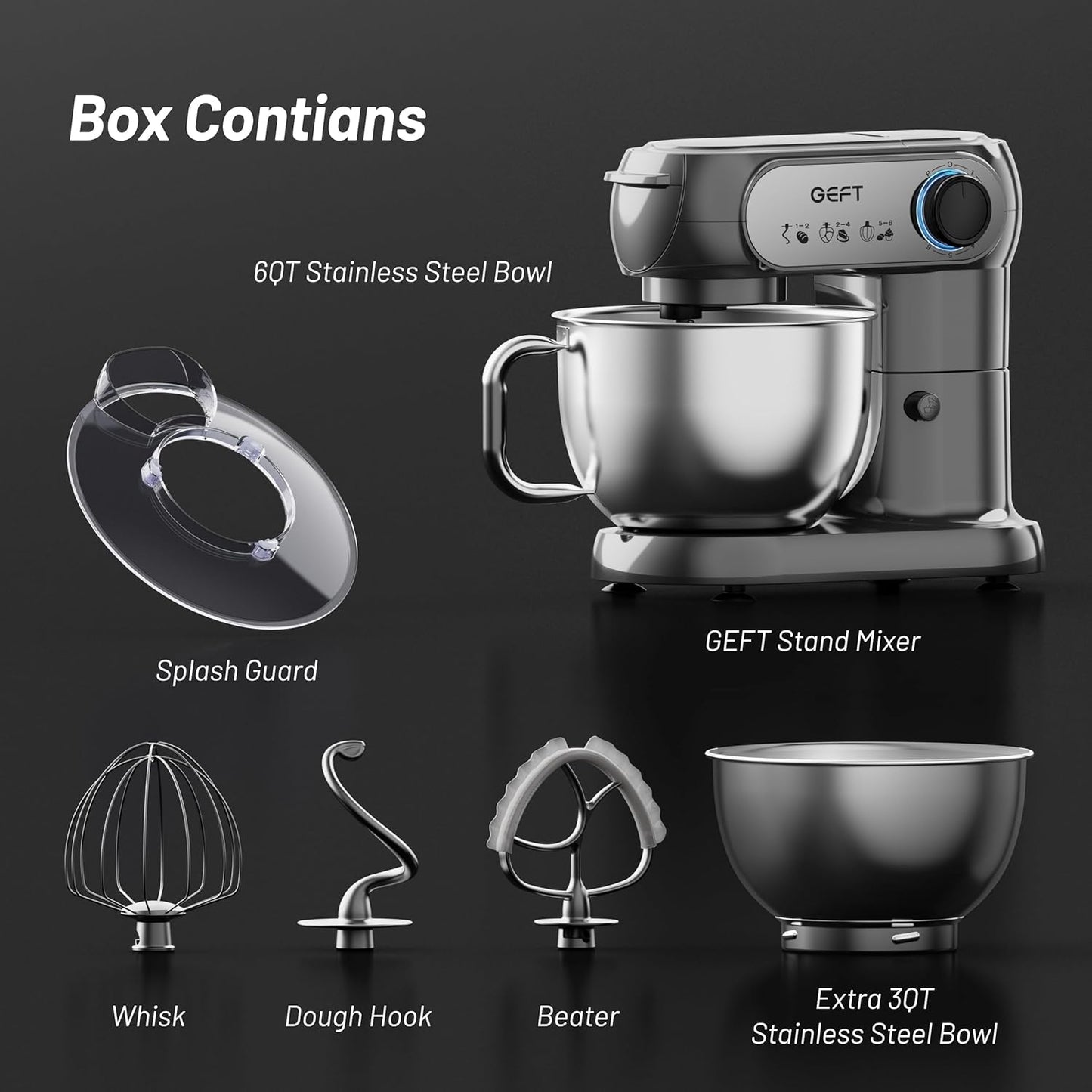 Stand Mixer, 3.5QT+6QT Two Bowls Kitchen Electric Mixer, 600W 6+P speed Tilt-Head Food Mixer with Stainless Steel Bowl, Dishwasher-Safe Dough Hook, Flat Beater, Wire Whisk, Splash Guard, Grey