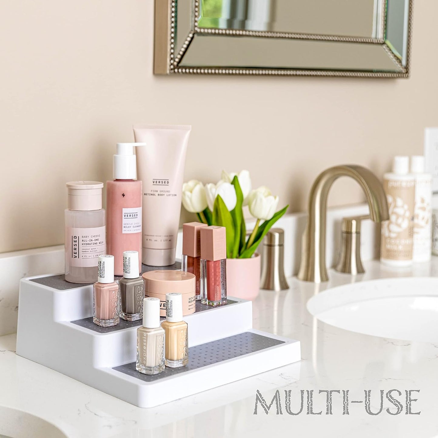 Oizeir Plastic 3-Tier Expandable Spice Rack, Adjustable Length, Stability with Non-Skid Shelf, For Easy Visibility, Organizer for Kitchen Cabinet, Pantry or Countertop, (2-Pack), White/Grey