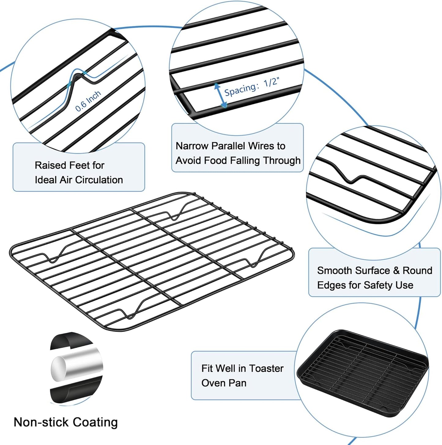 TeamFar Toaster Oven Pan with Rack Set, 10.5 x 8 x 1 Inch Nonstick Small Baking Pan Tray with Cooling Rack for Baking Roasting, Non-Toxic & Heavy Duty, Easy Clean, Set of 4