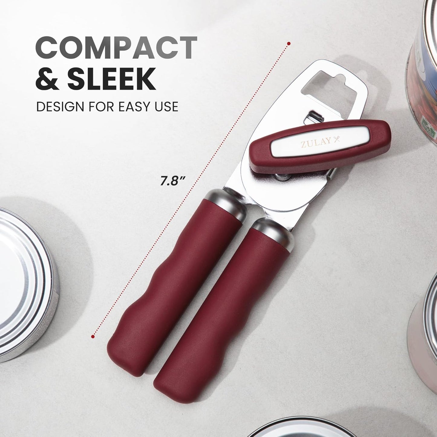 Zulay Kitchen Heavy Duty Stainless Steel Can Opener Manual with Bottle Opener - Rust Proof Manual Can Opener With Turn Knob & Comfy Soft Grip Handles - Deep Red