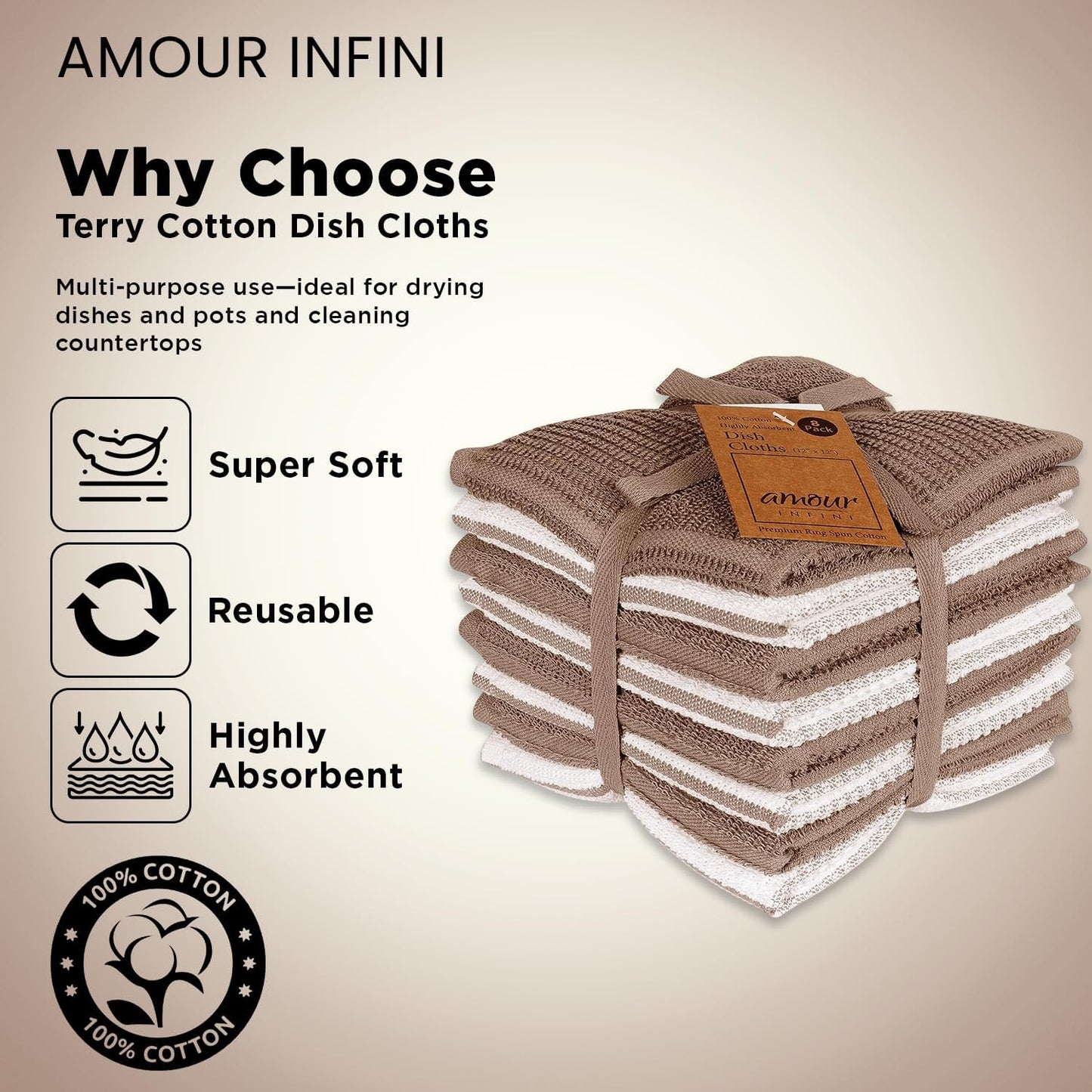 AMOUR INFINI Dish Cloths for Washing Dishes Set of 8 - Highly Absorbent, Super Soft Kitchen Dishcloths - Reusable Quick Dry Dish Rags for Cleaning & Drying Kitchen Linens (12x12 Inch - Brown)