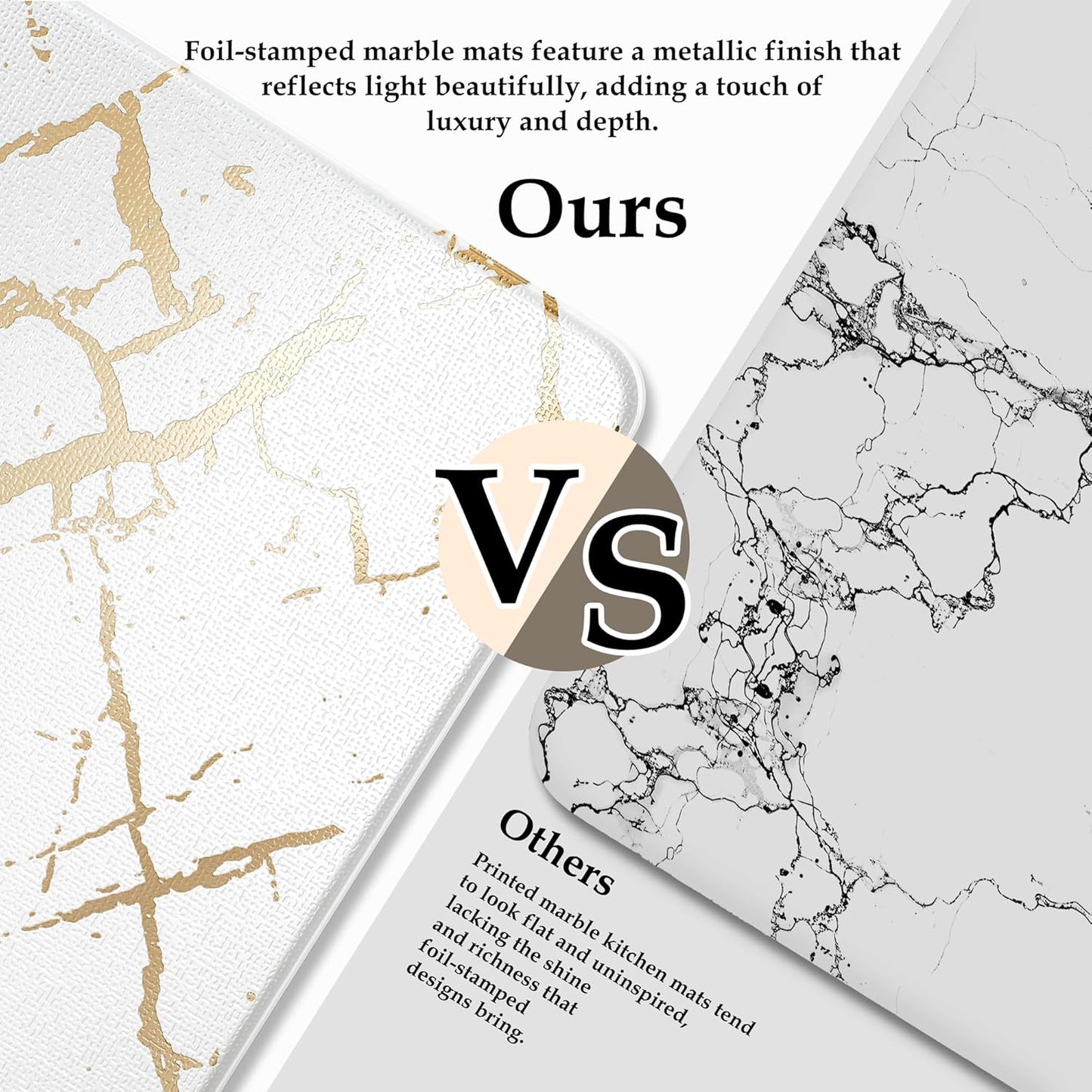 Gold Foil Stamped Marble Kitchen Mats for Floor 2PCS Cushioned Anti Fatigue Non Slip Waterproof Comfort Leather Kitchen Rugs 2/5 Inch PVC Kitchen Mats for Sink, Laundry, 17.3"x28"+17.3"x59",White