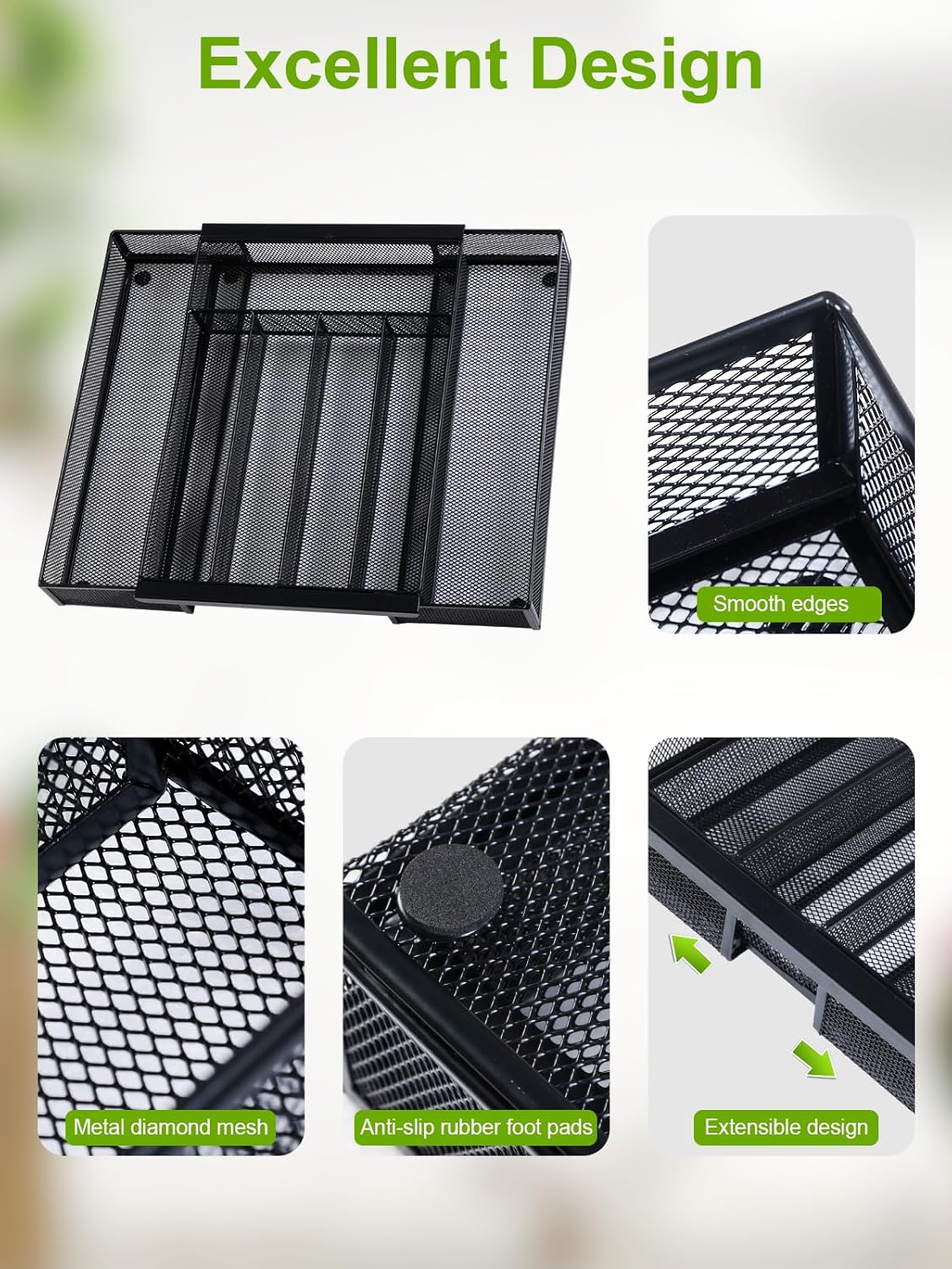 Silverware Organizer Metal Mesh, Drawer Organizer, Utensil Cutlery Tray for kitchen drawers,Expandable Flatware Organizer with 7 Compartment Black 9.4"~17.3" x 13.7"