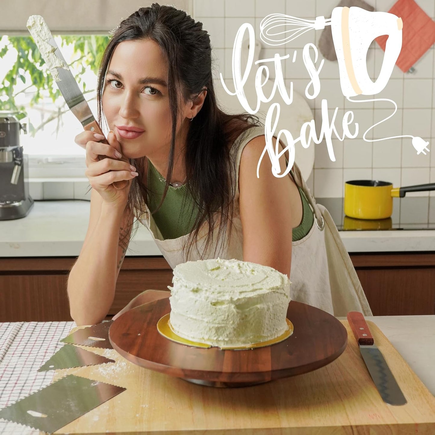 13" Acacia Cake Stand Rotating – Rustic Wood Pedestal Stands Turntable with 2 Icing Spatulas, 3 Smoothers – Wooden Spinning Cake Decorating Serving for Cupcake Dessert Display in Party, Wedding