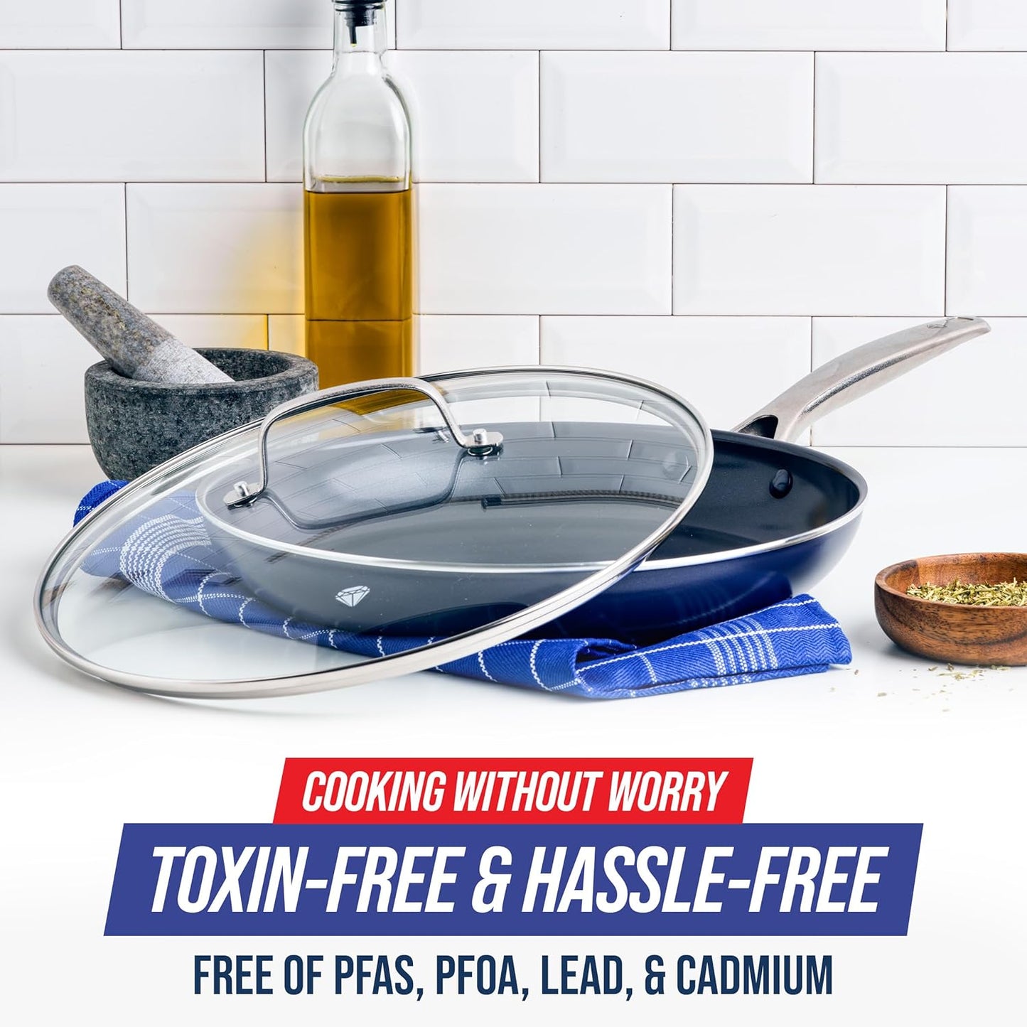 Blue Diamond 12" Nonstick Frying Pan with Lid, Diamond Infused PFAS & PTFE-Free Ceramic Skillet, Dishwasher & Oven Safe, Stay Cool Handle, Durable Non Toxic Metal Utensil Safe, Glass Lid, Blue
