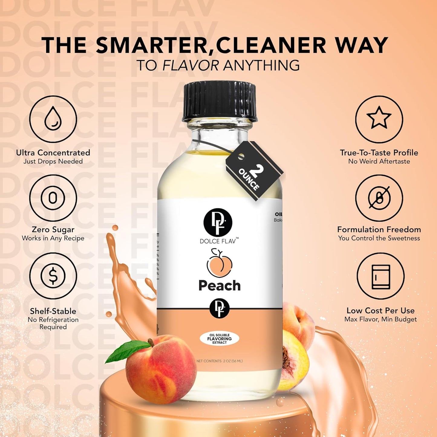 Dolce Flav Peach Extract (Oil-Soluble) 8 oz – Kosher, Sugar-Free, Concentrated Juicy Peach Flavoring for Baking, Chocolates & Desserts, Includes Measured Dropper