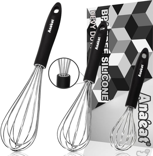 3 Packs Stainless Steel Whisk Set - Balloon Whisk, Anaeat Thick Stainless Steel Wire ＆ Strong Handles, Egg Beater for Cooking, Blending, Whisking, Beating and Stirring (8.5"+10.5"+12")
