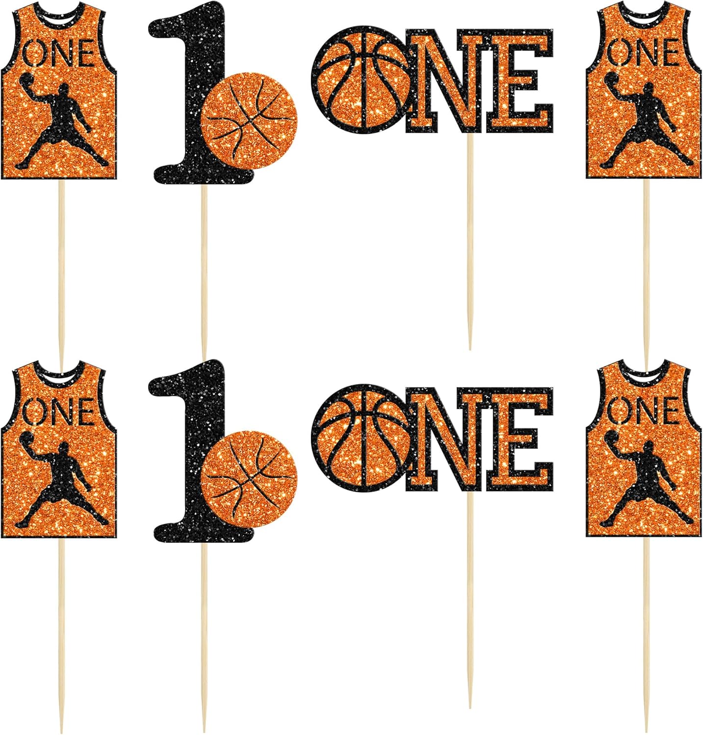 24Pcs Basketball One Cupcake Toppers Glitter Number 1 First Birthday Basketball Cupcake Picks for Sports Theme Baby Shower Kids 1st Birthday Party Cake Decorations Supplies