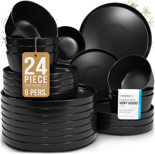 Matte Black Dinnerware Set - Ultra Chic Stoneware for 8-24pcs Plate Set - Dishwasher and Microwave Safe - Ceramic Plates and Bowls