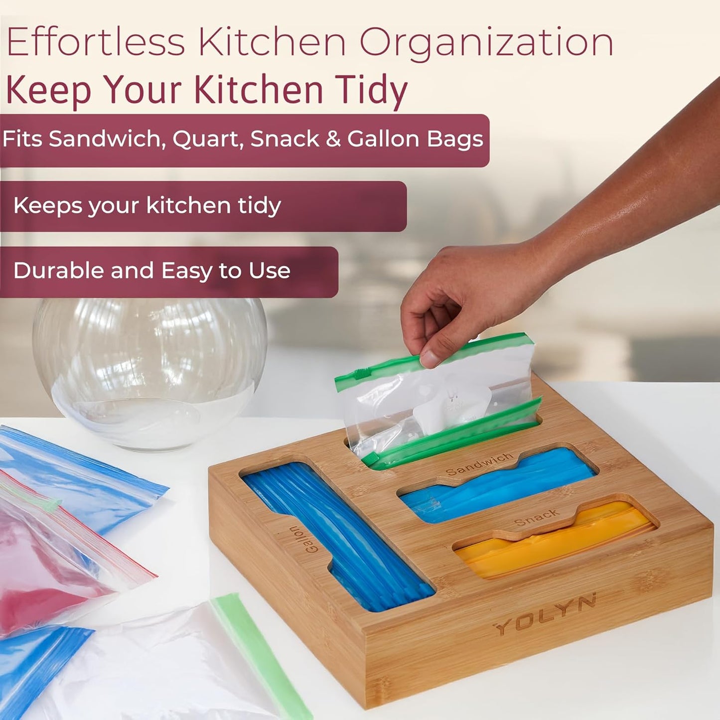 Bamboo Kitchen Storage Bag Organizer, Drawer Organizer with Foil Dispenser, Bamboo Organizer for Sandwich Bags, Plastic Wrap, Baggie and Foil, Premium Kitchen Drawer Organizer