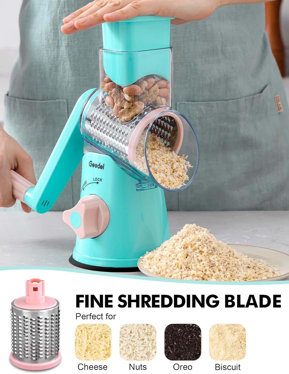 Geedel Rotary Cheese Grater, Kitchen Mandoline Vegetable Slicer with 3 Interchangeable Blades, Easy to Clean Rotary Grater Slicer for Fruit, Vegetables, Nuts