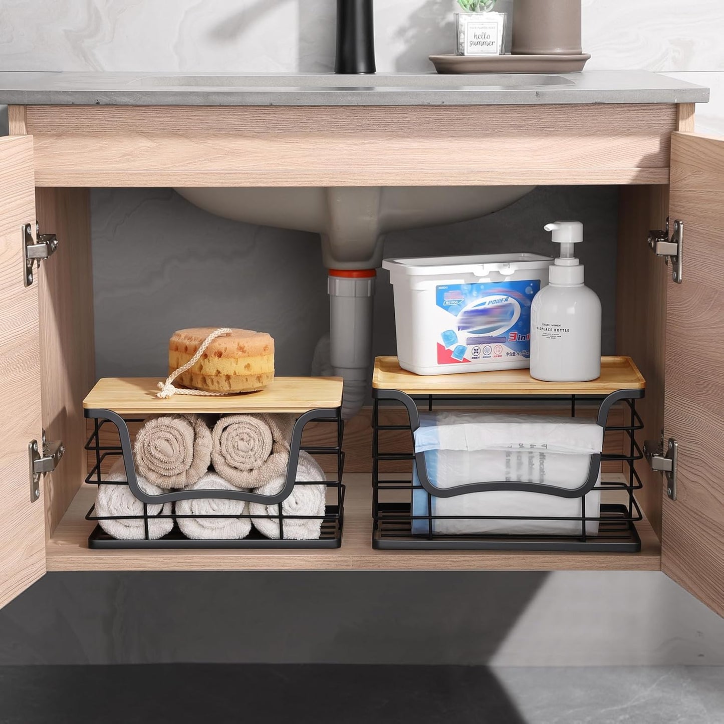 Trash Bag Dispenser Holder for Kitchen 2 Pack Laundry Room Trash Bag Holder Wall Mount Garbage Bag Dispenser Stackable Roll Holder with Bamboo Top for Countertop, Under Sink