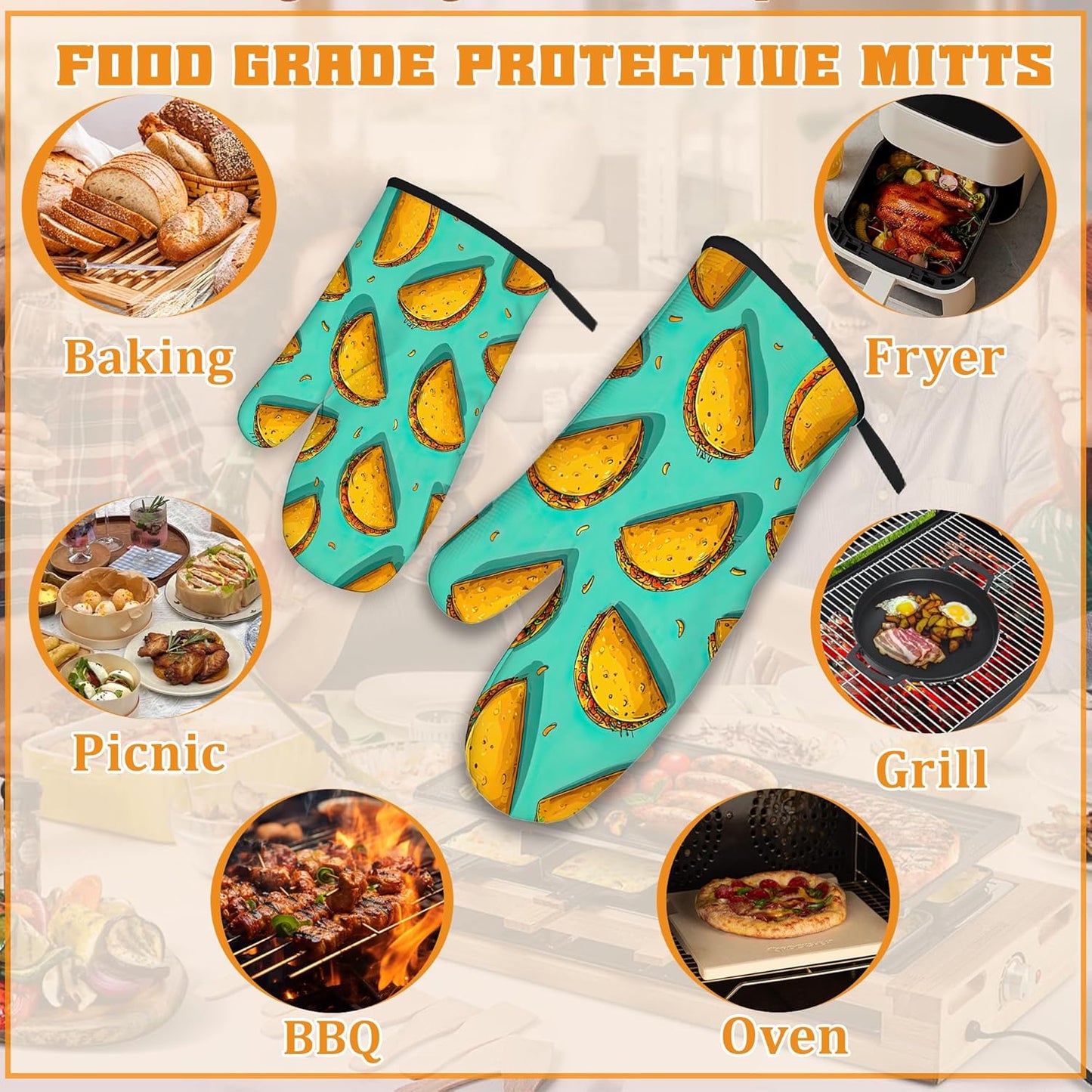 Mexican Taco Oven Mitts and Pot Holders Set,Kitchen Oven Gloves and Pot Holder with Heat Resistant Non Slip for Cooking Baking Grilling(4 Piece Set)