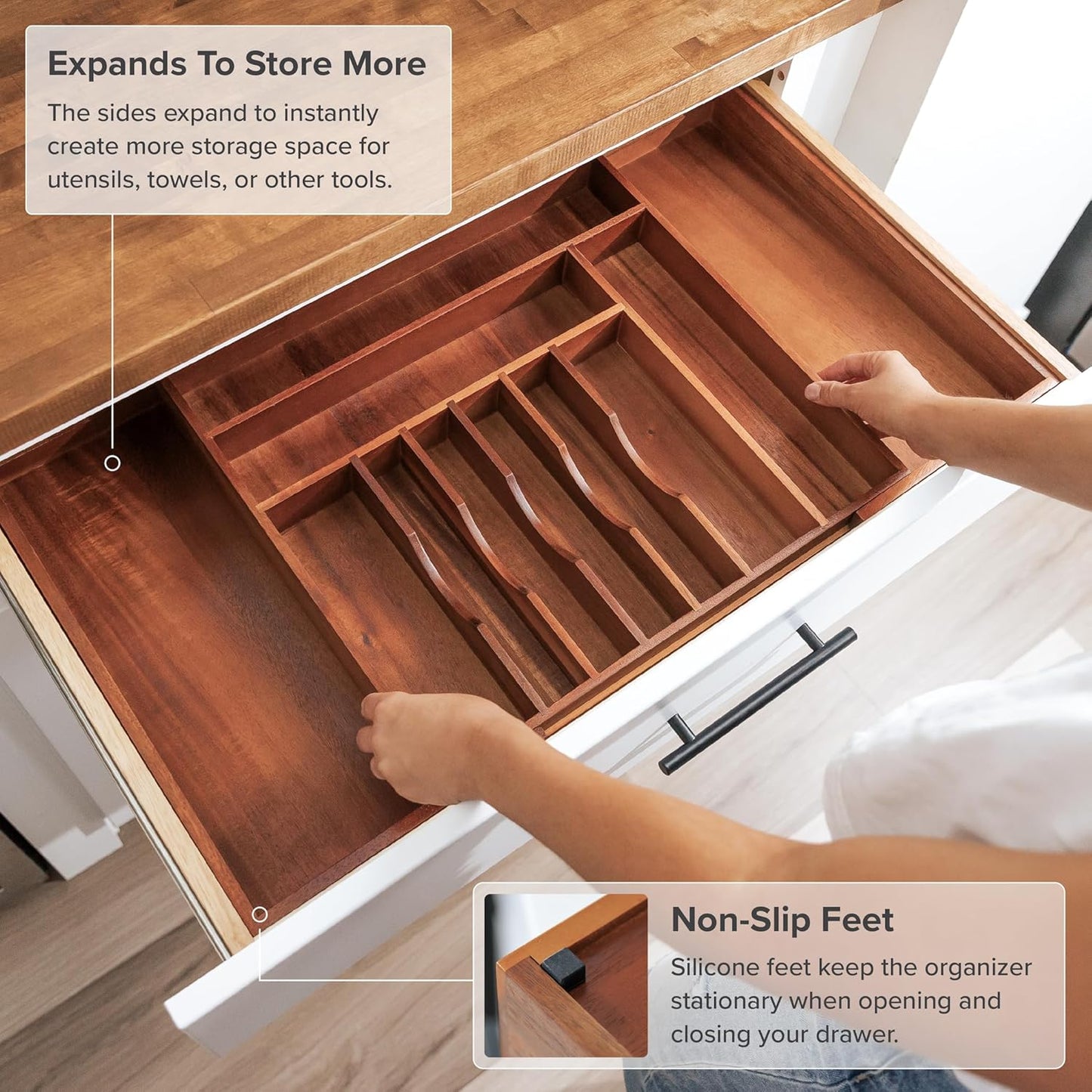 KitchenEdge Premium Silverware, Flatware and Utensil Organizer for Kitchen Drawers, Food-Safe Contract Grade, Expandable from 18 to 33 In, Natural Acacia